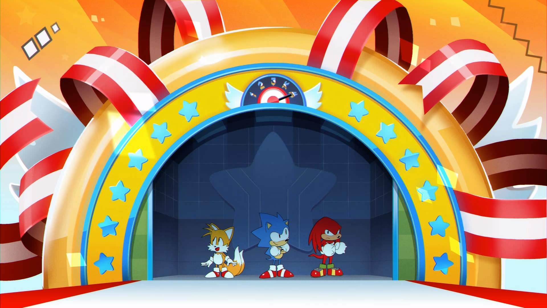 Sonic Mania title archway, Sonic the Hedgehog, Miles Tails Prower, Knuckles the Echidna, Red and white ribbons, Full HD Desktop wallpaper