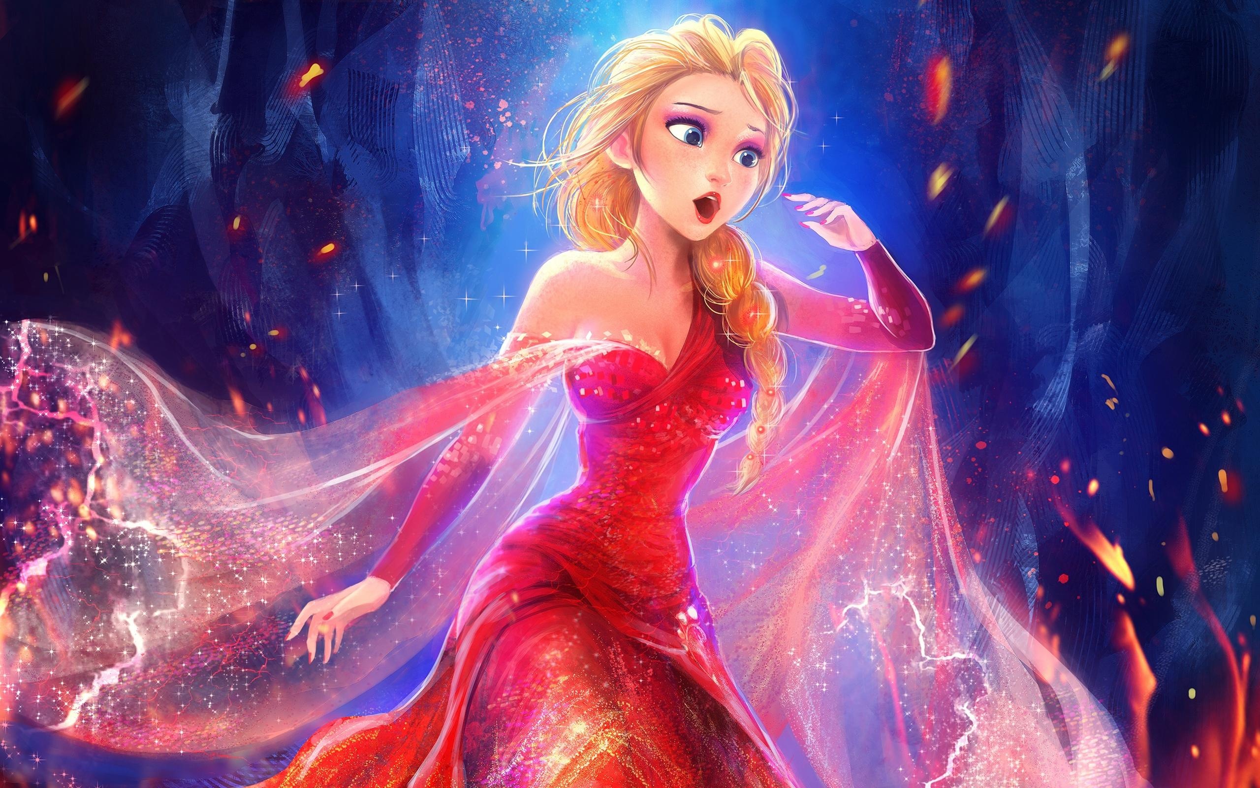Elsa from Frozen, sparkling red gown, glowing fire embers, HD Desktop wallpaper