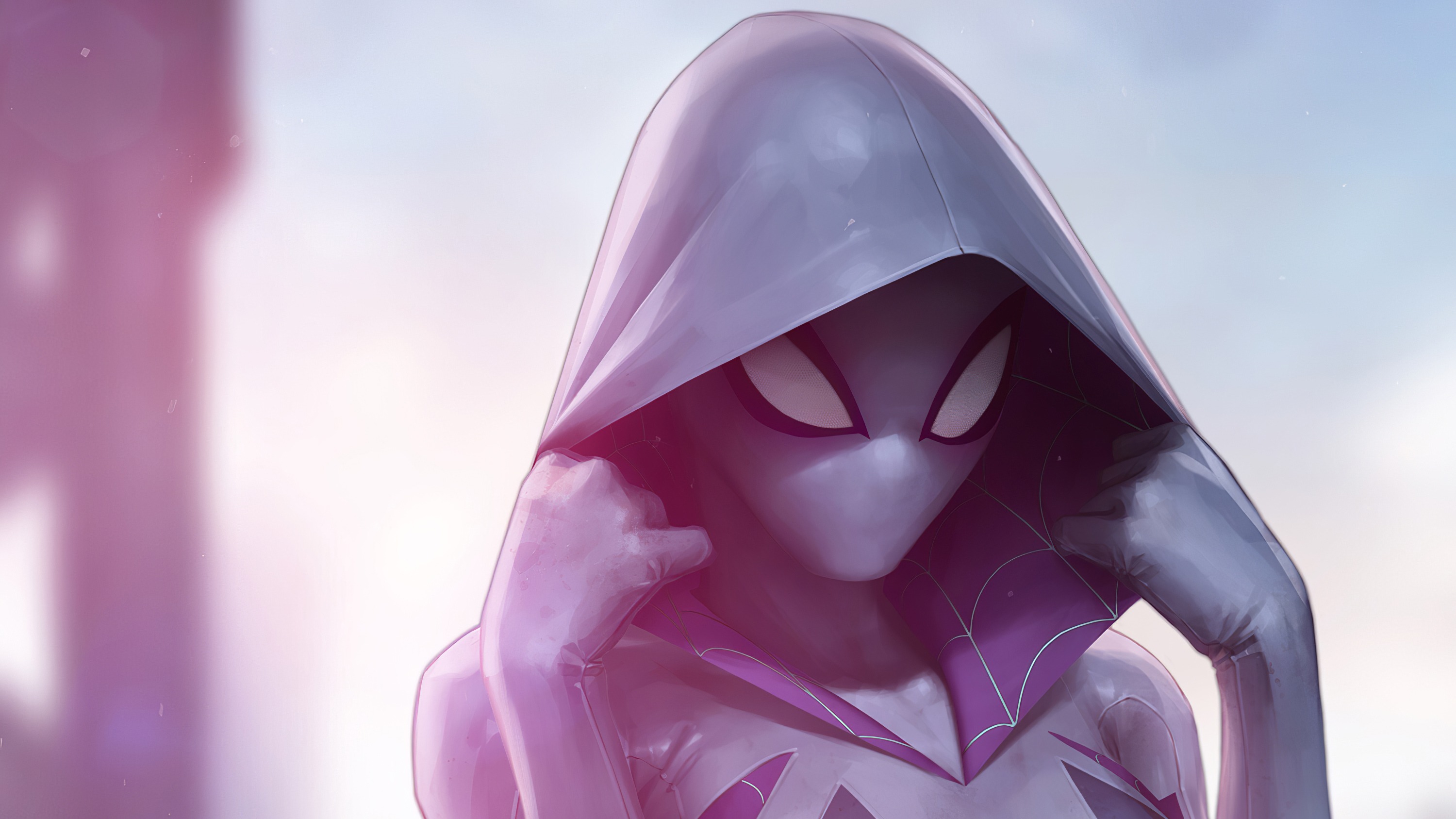 Spider-Gwen (Gwen Stacy), Holding hood edges, Soft pastel sky, Blurred hazy background, Purple webbed hood lining, HD Desktop wallpaper