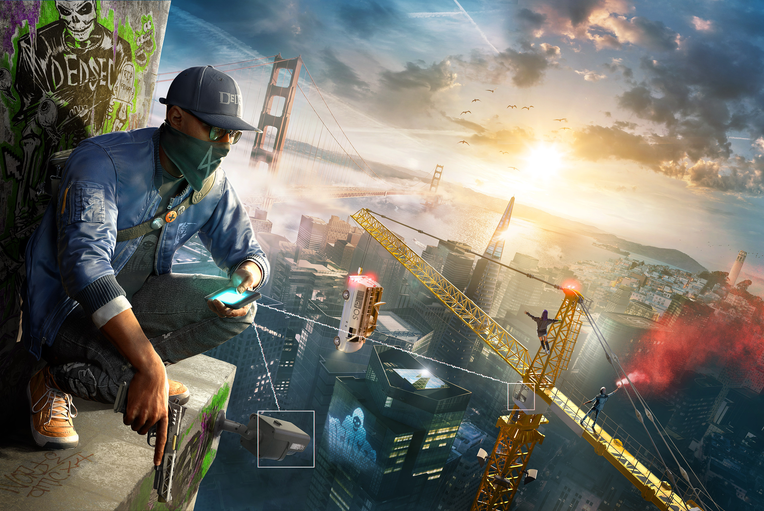 Marcus Holloway, Golden Gate Bridge, DedSec graffiti, HD Desktop wallpaper