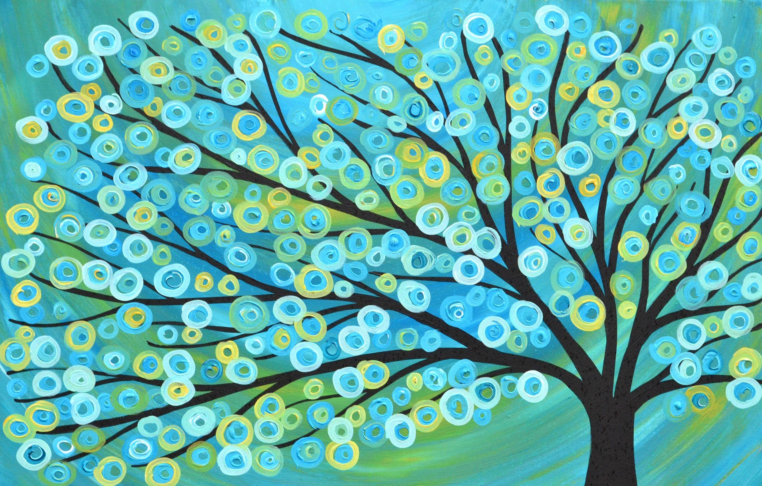 stylized black tree painting, circular swirling leaves, turquoise acrylic background, HD Desktop wallpaper