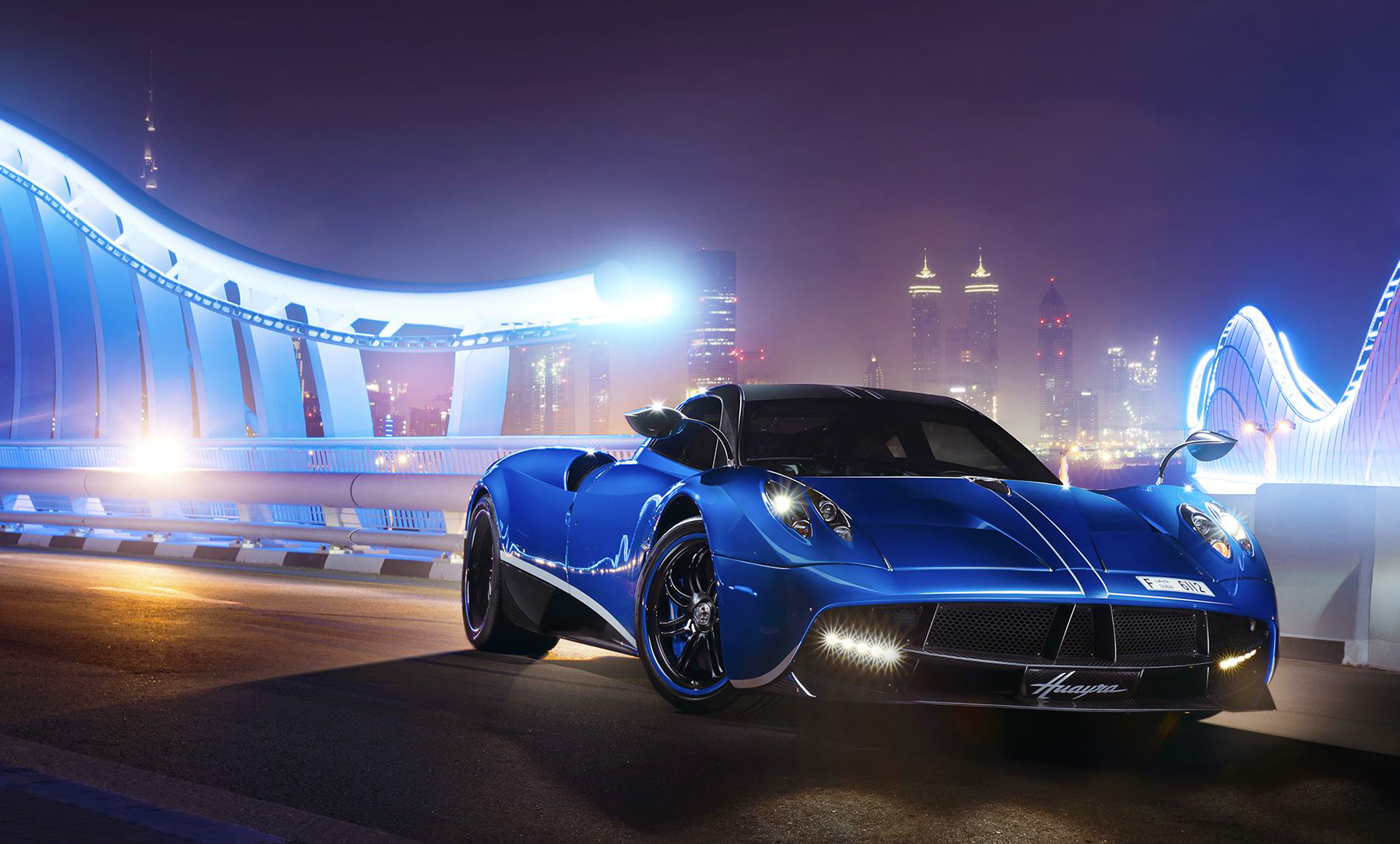 Pagani Huayra, Meydan Bridge, Dubai night skyline, HD Desktop wallpaper