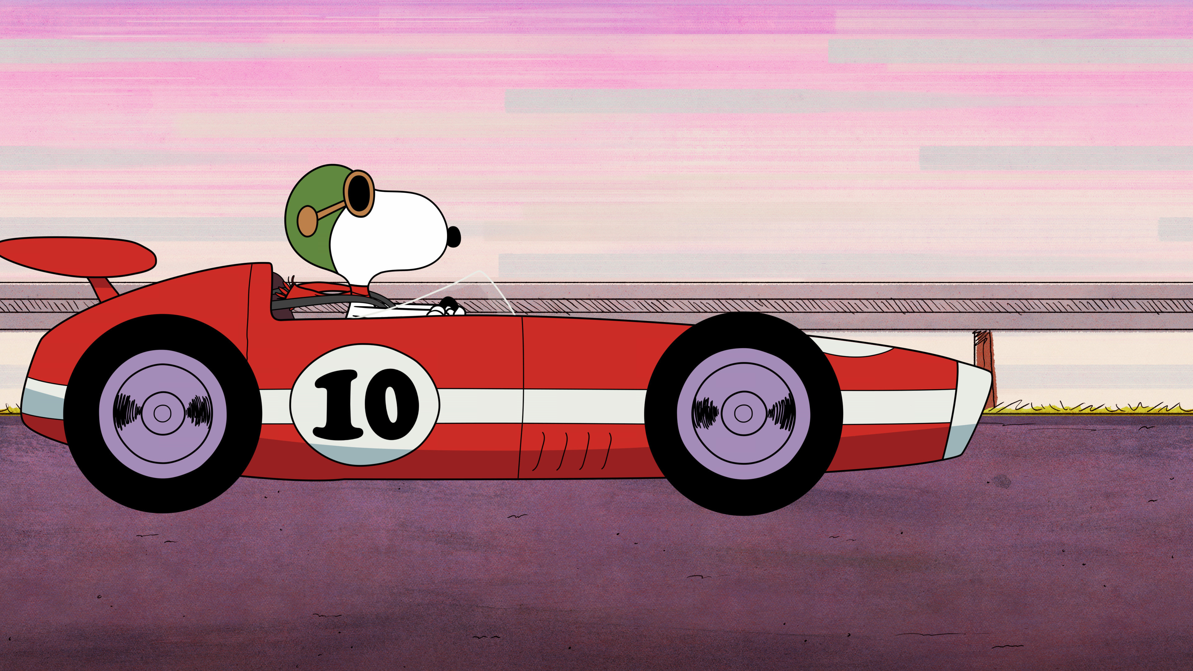 Snoopy, red number 10 racecar, green racing helmet, 4K Desktop wallpaper