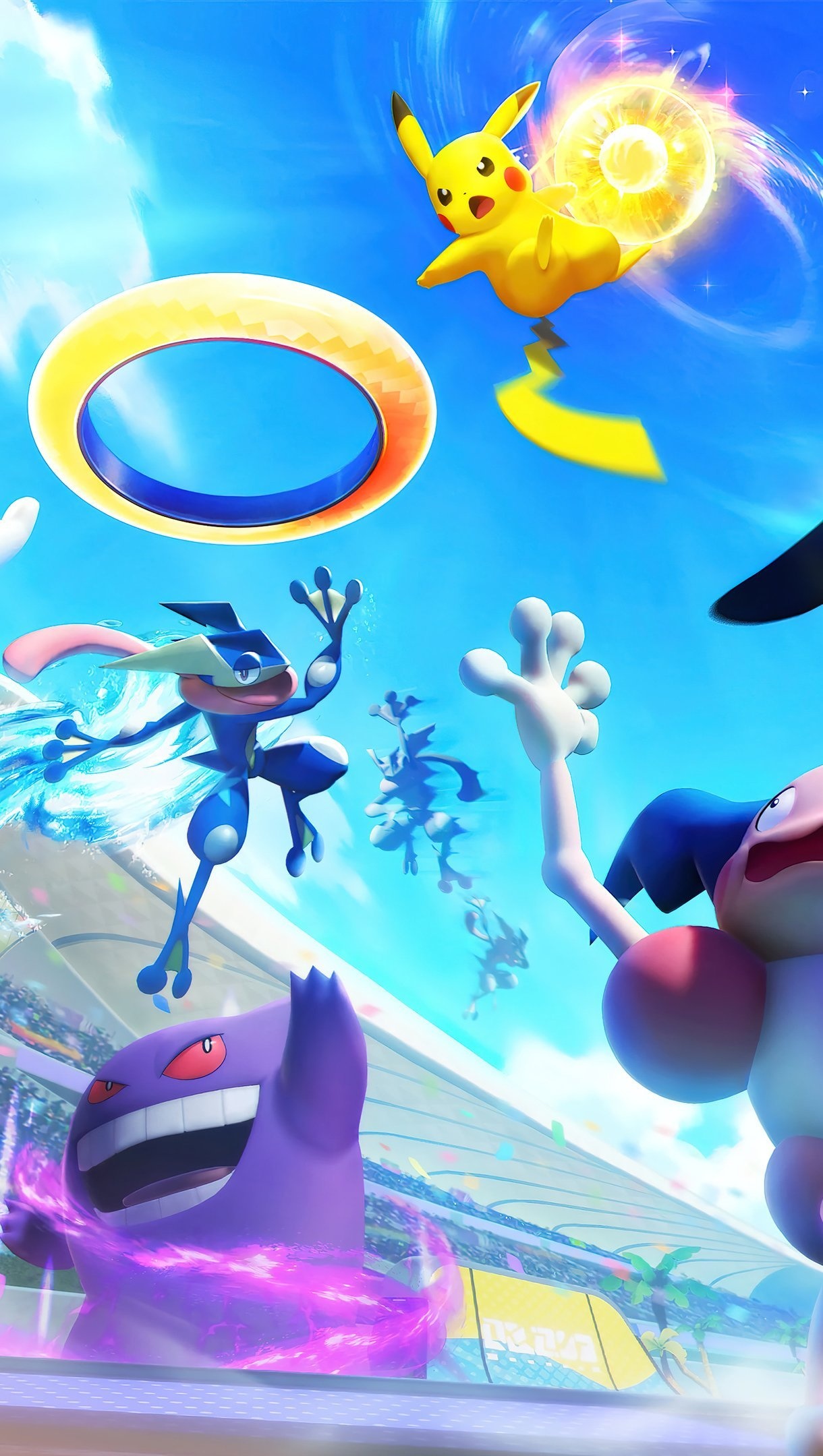 Pikachu, Greninja, Gengar, Mr. Mime, Pokemon Unite goal ring, HD Phone wallpaper