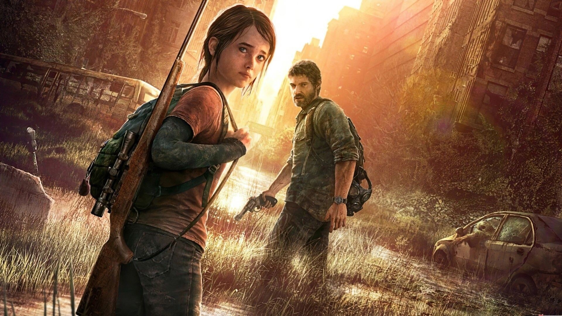 Ellie Williams, Joel Miller, post-apocalyptic overgrown city, Full HD Desktop wallpaper