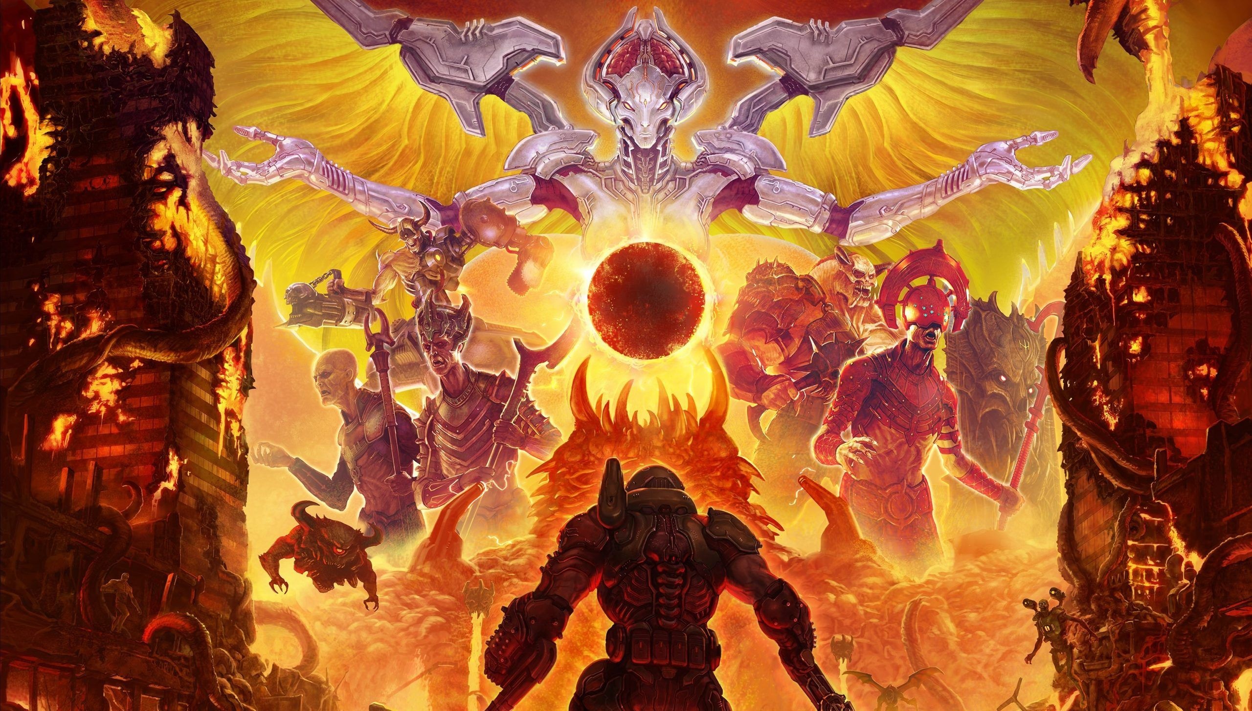 Khan Maykr, Doom Slayer, Hell Priests, Demonic horde in fiery hellscape, Doom Eternal, HD Desktop wallpaper