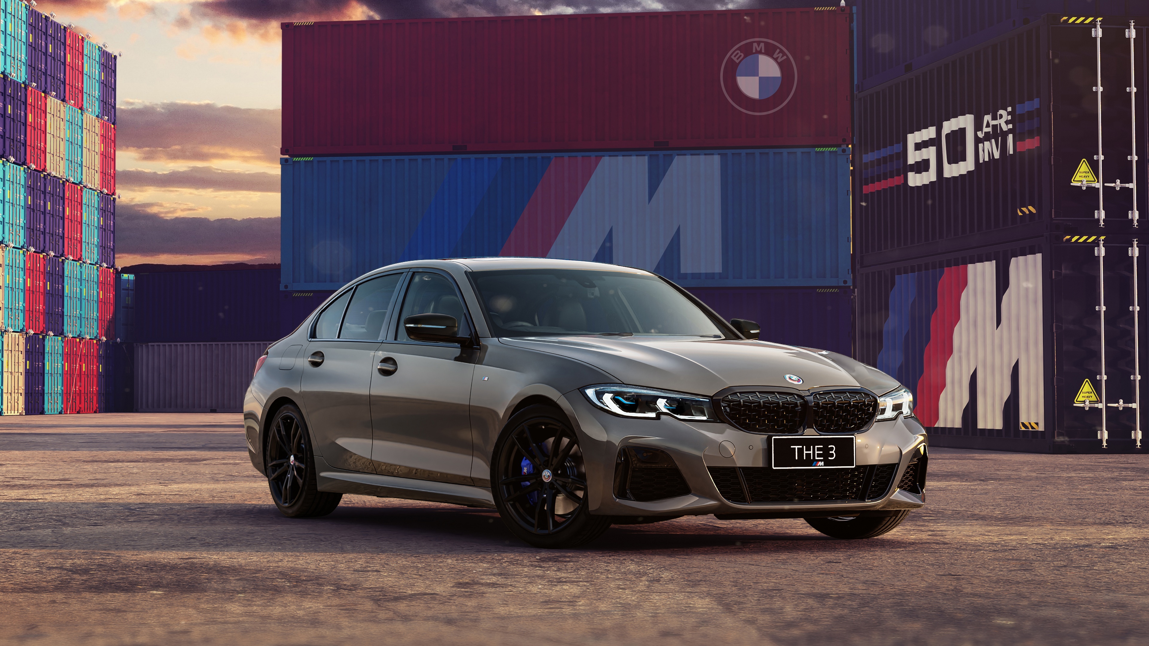 BMW 3 Series sedan, BMW M shipping container, Industrial cargo terminal, 4K Desktop wallpaper