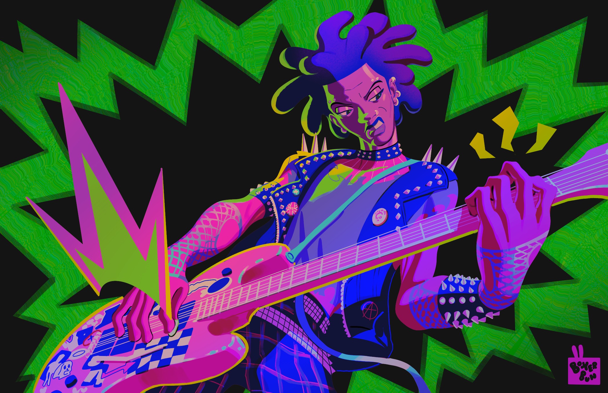 Across the Spider-Verse, Spider-Punk (Hobie Brown), Playing electric guitar, Neon pink and green, Studded spiked vest, HD Desktop wallpaper