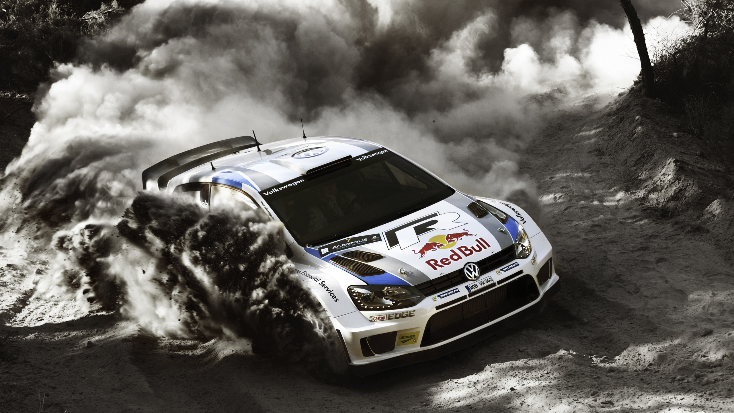 Dust cloud, White forest, Volkswagen speed, Skid marks, 2560x1440 HD Desktop