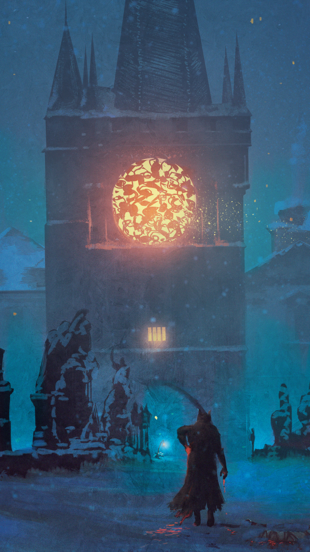Bloodborne Hunter, Old Town Bridge Tower, snowy Charles Bridge statues, Full HD Phone wallpaper