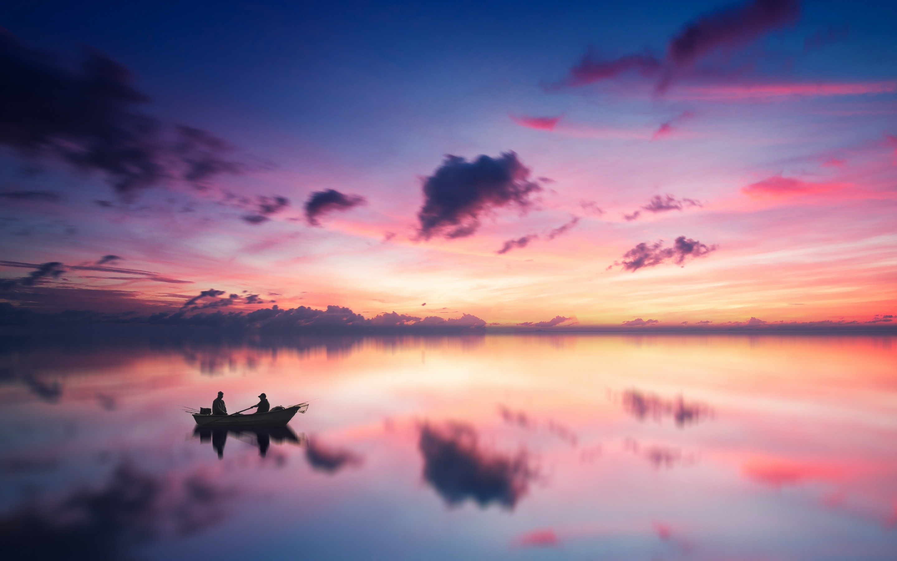 silhouetted fishermen in boat, glassy lake water reflection, pink purple dusk sky, HD Desktop wallpaper