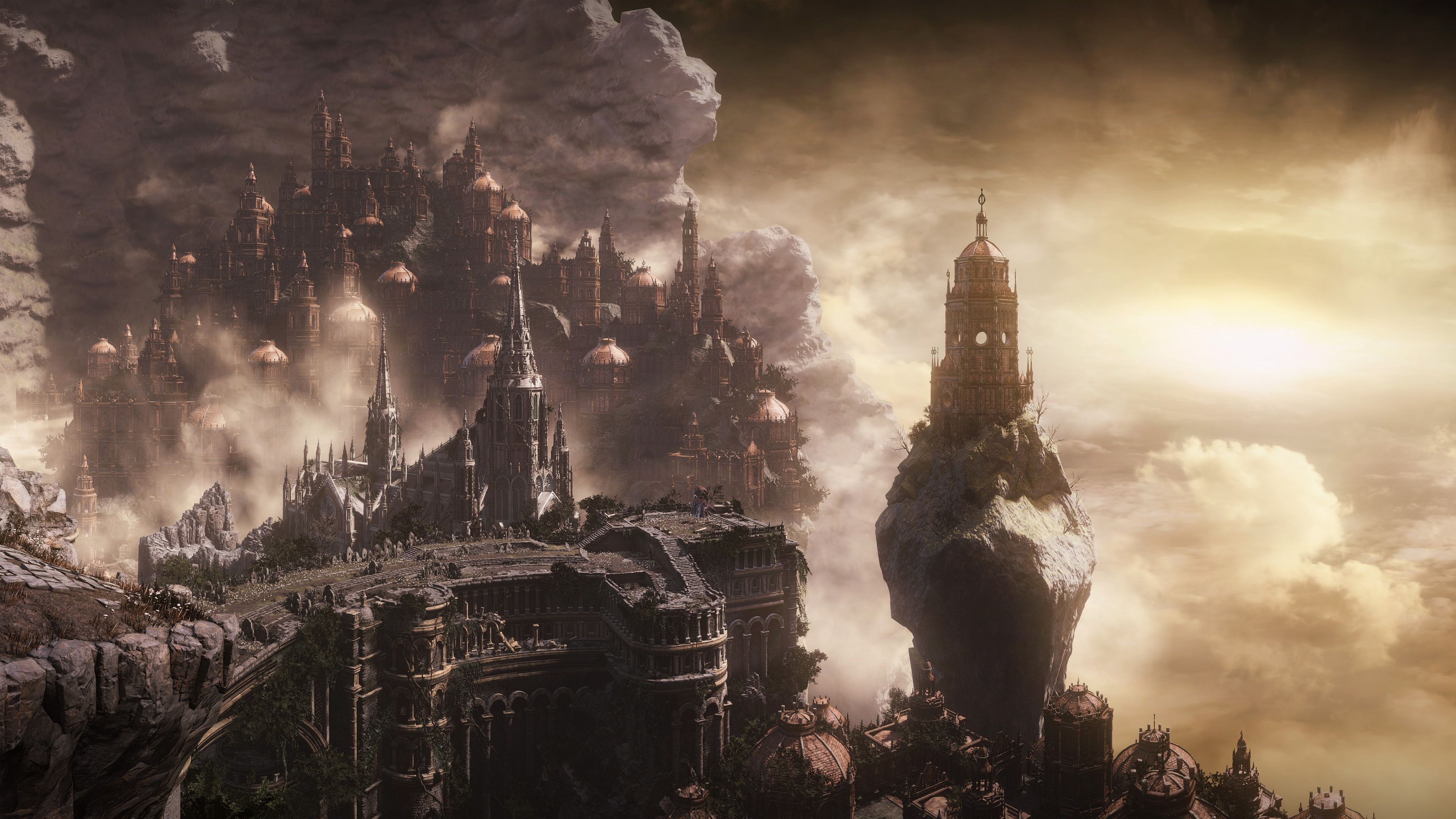 The Ringed City, isolated stone spire tower, gilded domed cathedral spires, 4K Desktop wallpaper