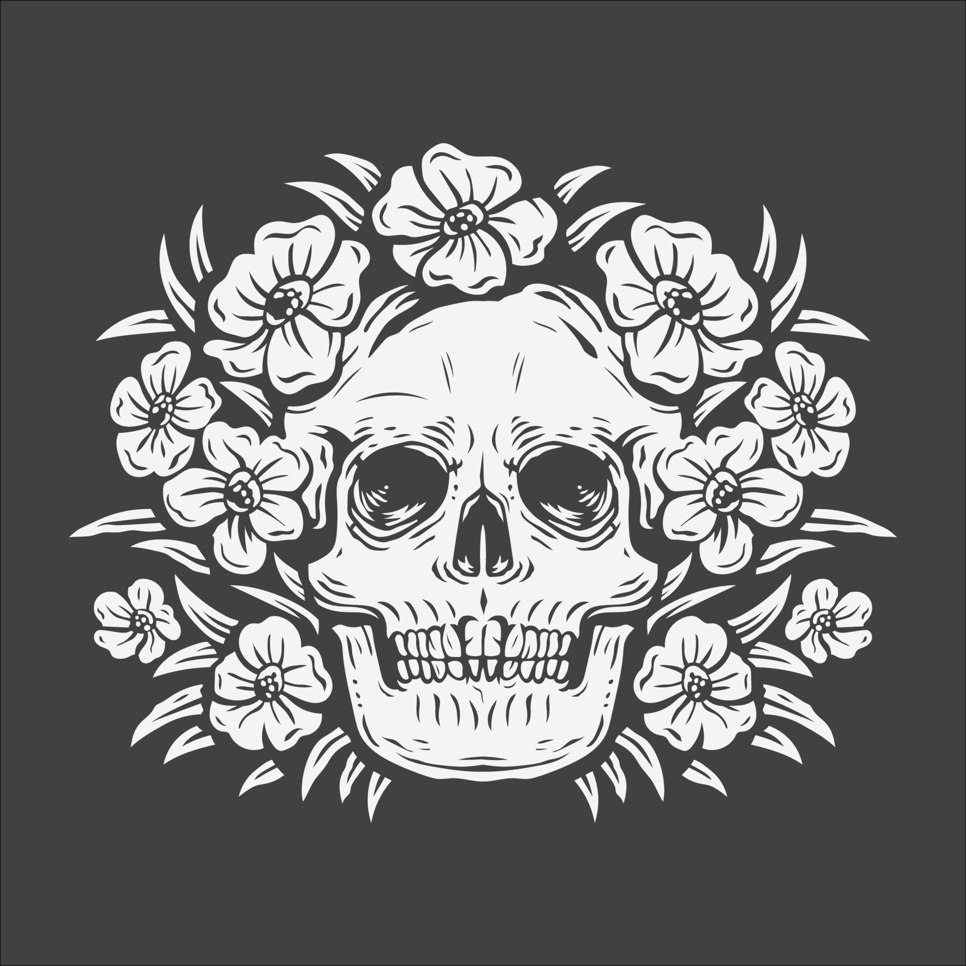 Skull wreathed in blossoms, Woodcut engraving style, Charcoal grey field, HD Phone wallpaper
