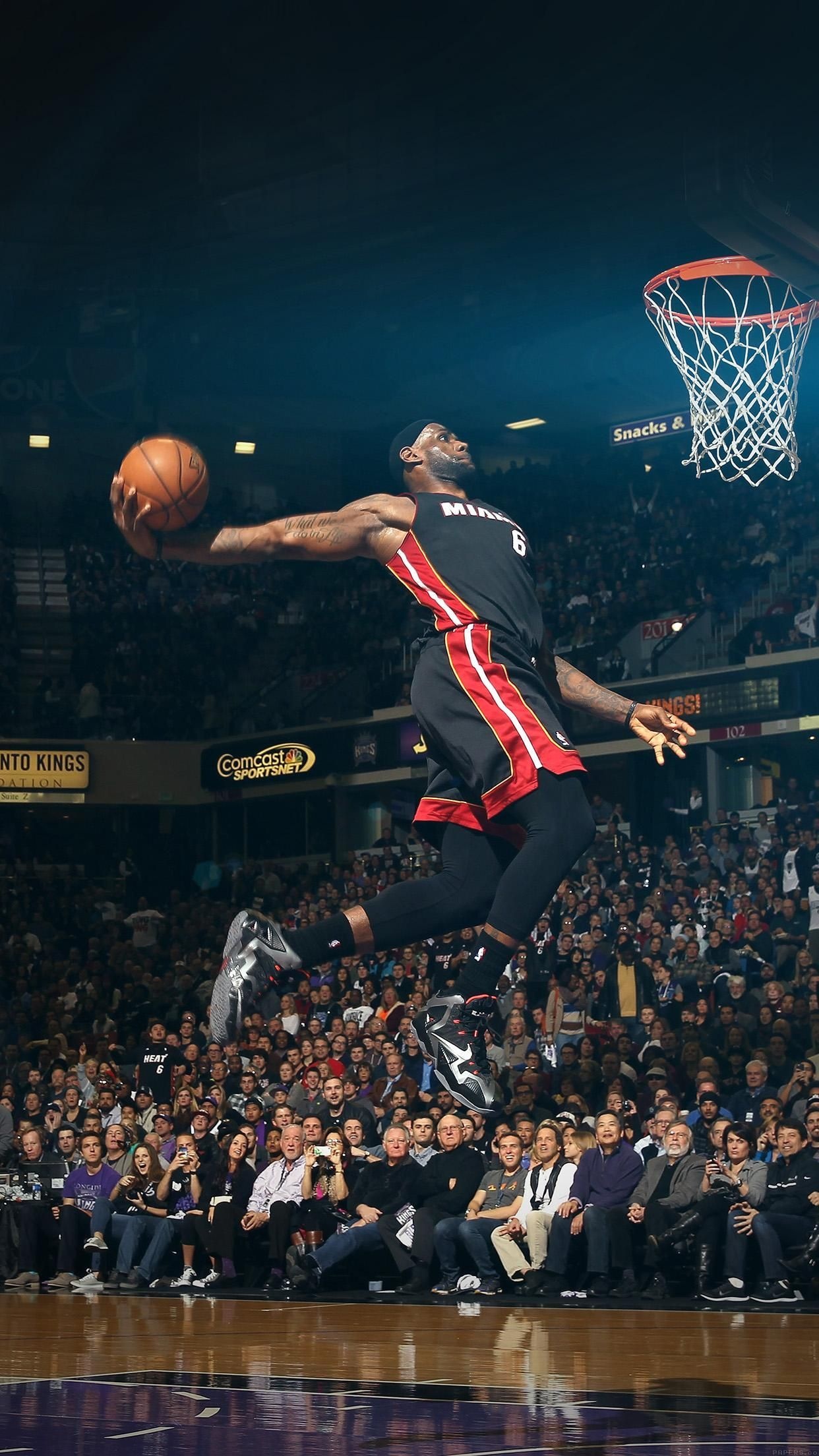 LeBron James, Miami Heat uniform, Basketball hoop and net, HD Phone wallpaper