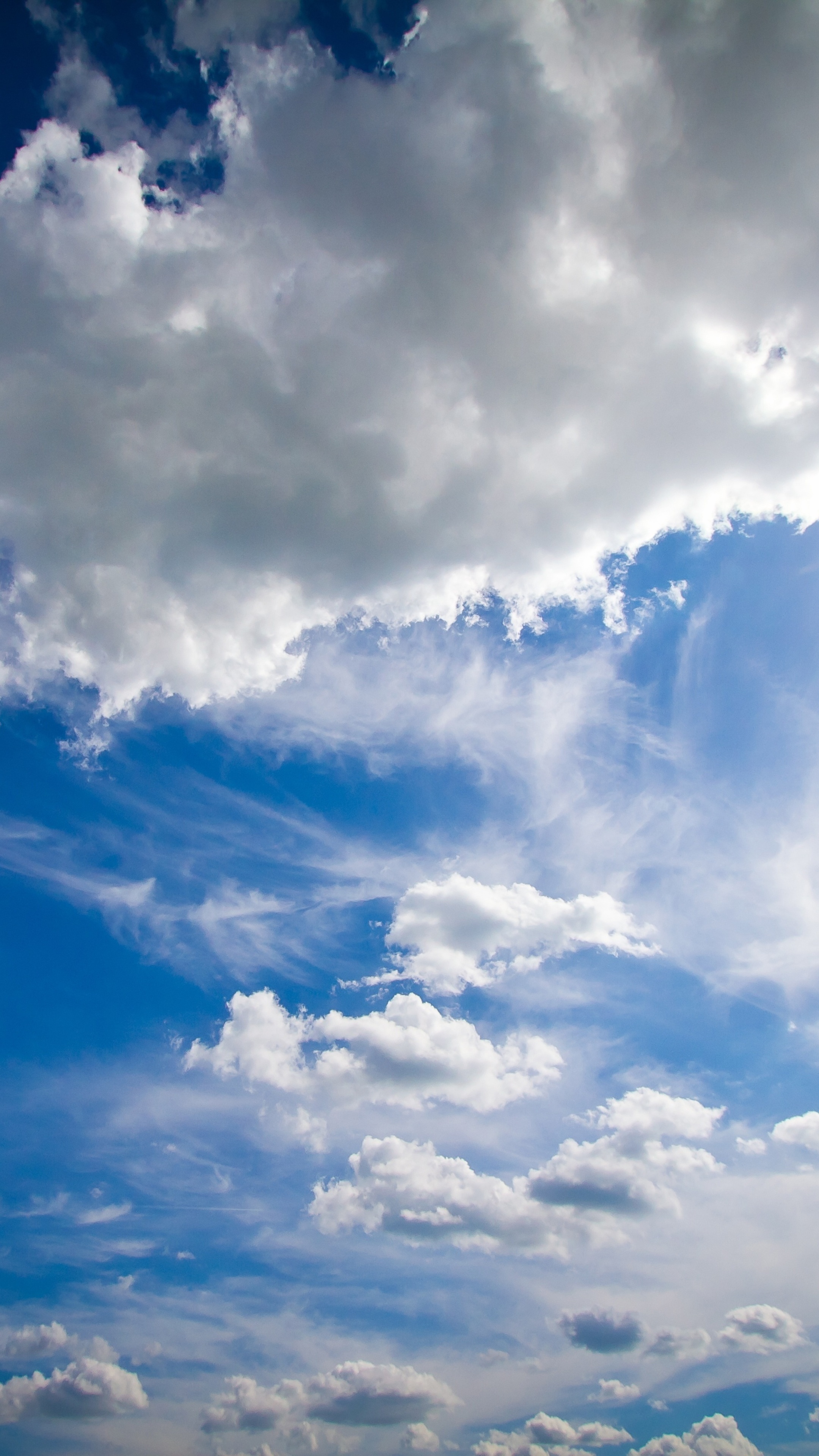 wispy cirrus clouds, scattered cumulus clouds, bright blue summer sky, 4K Phone wallpaper