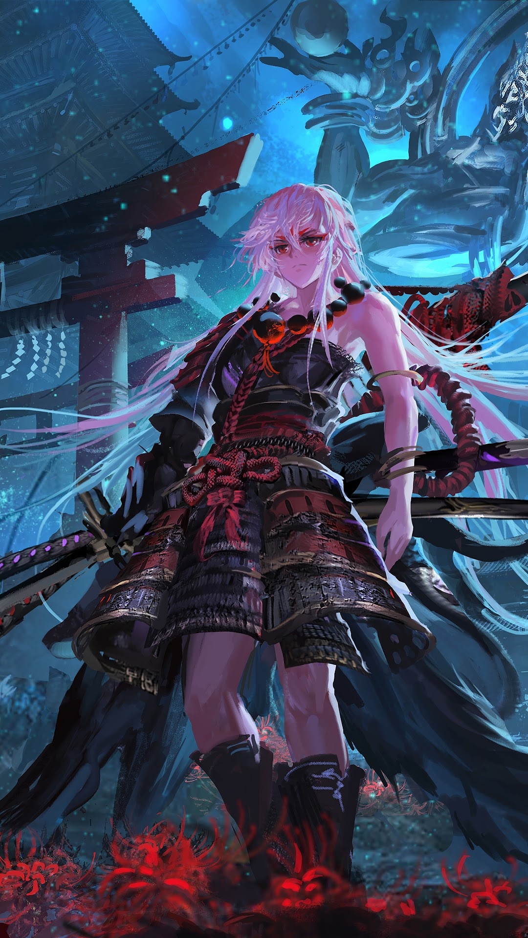 Anime samurai warrior girl, Red spider lilies, Japanese torii gate, Full HD Phone wallpaper