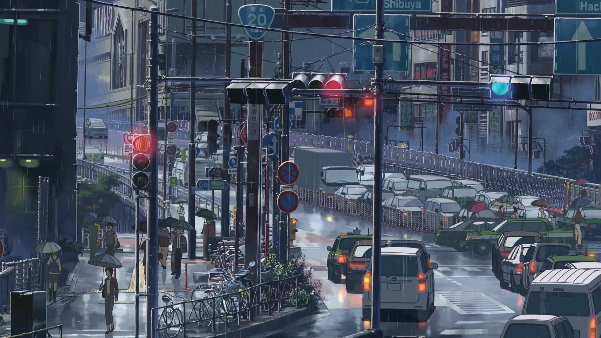 Route 20 Shibuya sign, Rainy Tokyo street traffic, Pedestrians holding umbrellas, Full HD Desktop wallpaper
