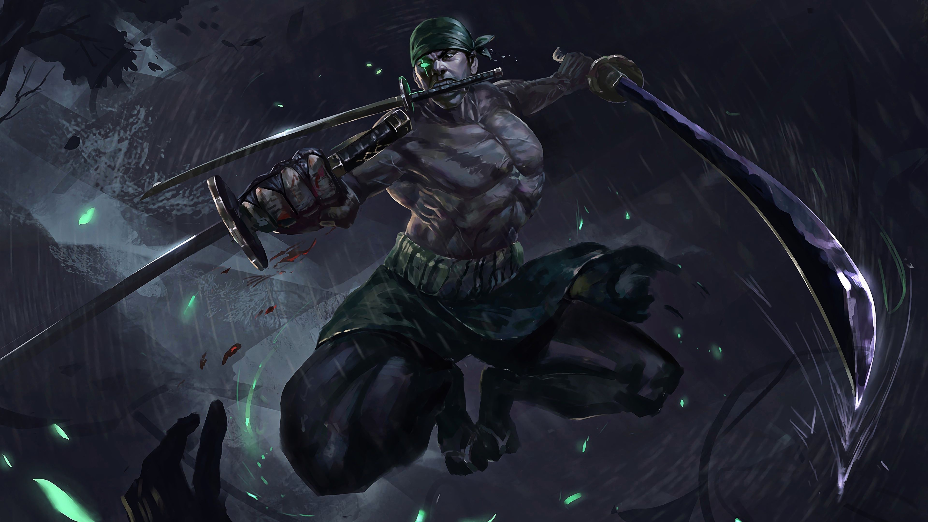 Roronoa Zoro, Santoryu katana swords, glowing green eye, 4K Desktop wallpaper