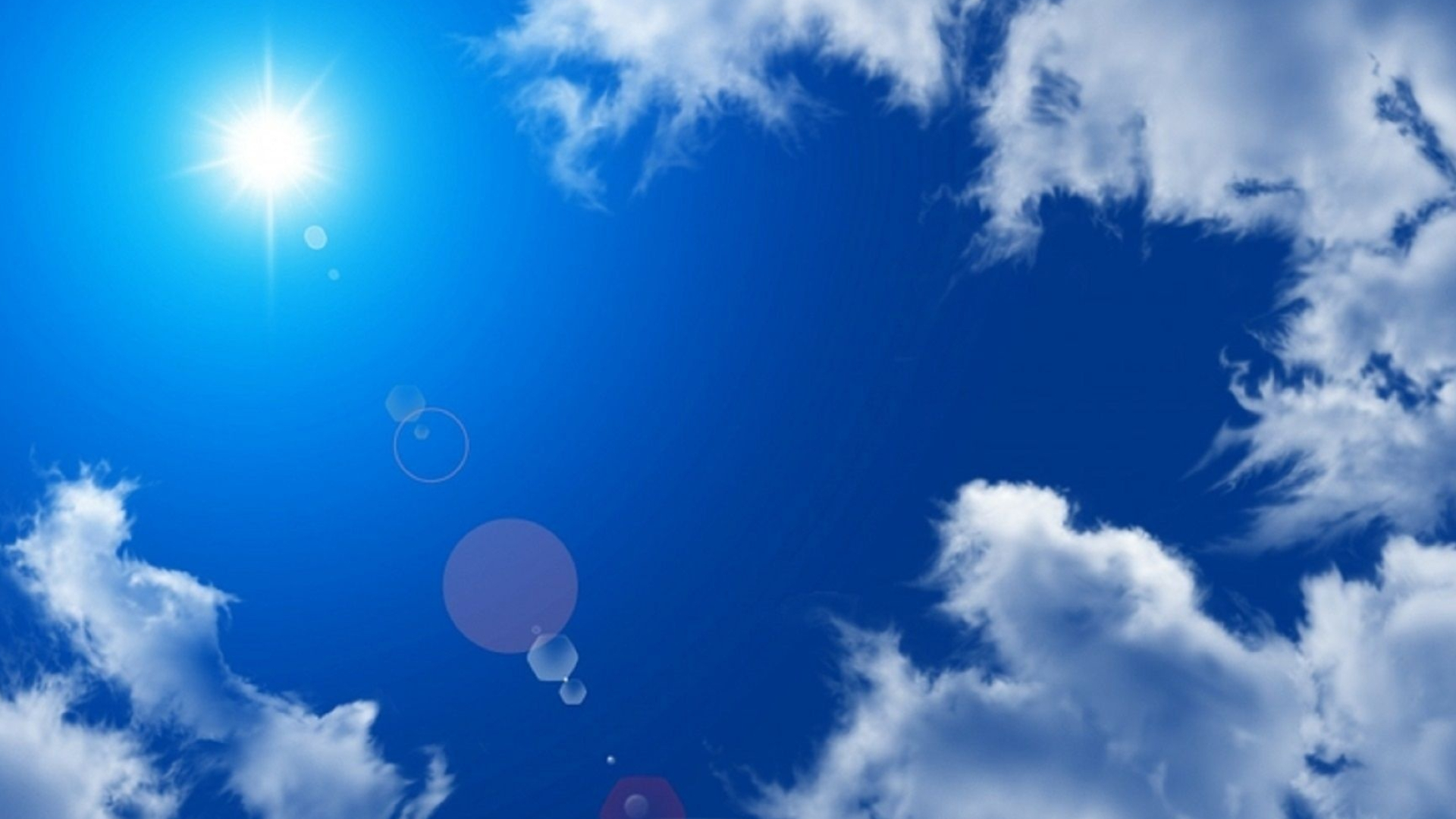 Bright shining sun, Camera lens flare, Fluffy cumulus clouds, Full HD Desktop wallpaper