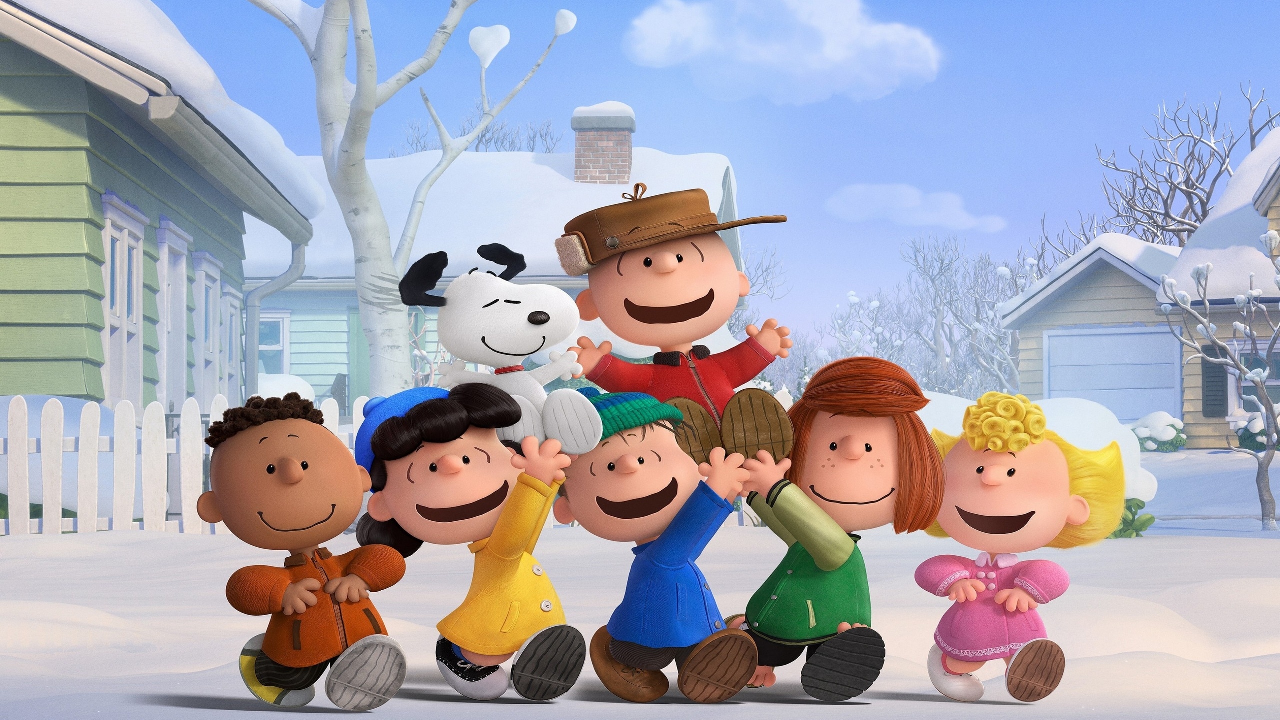 Snoopy, Charlie Brown, Peanuts gang, The Peanuts Movie, snowy winter neighborhood, HD Desktop wallpaper