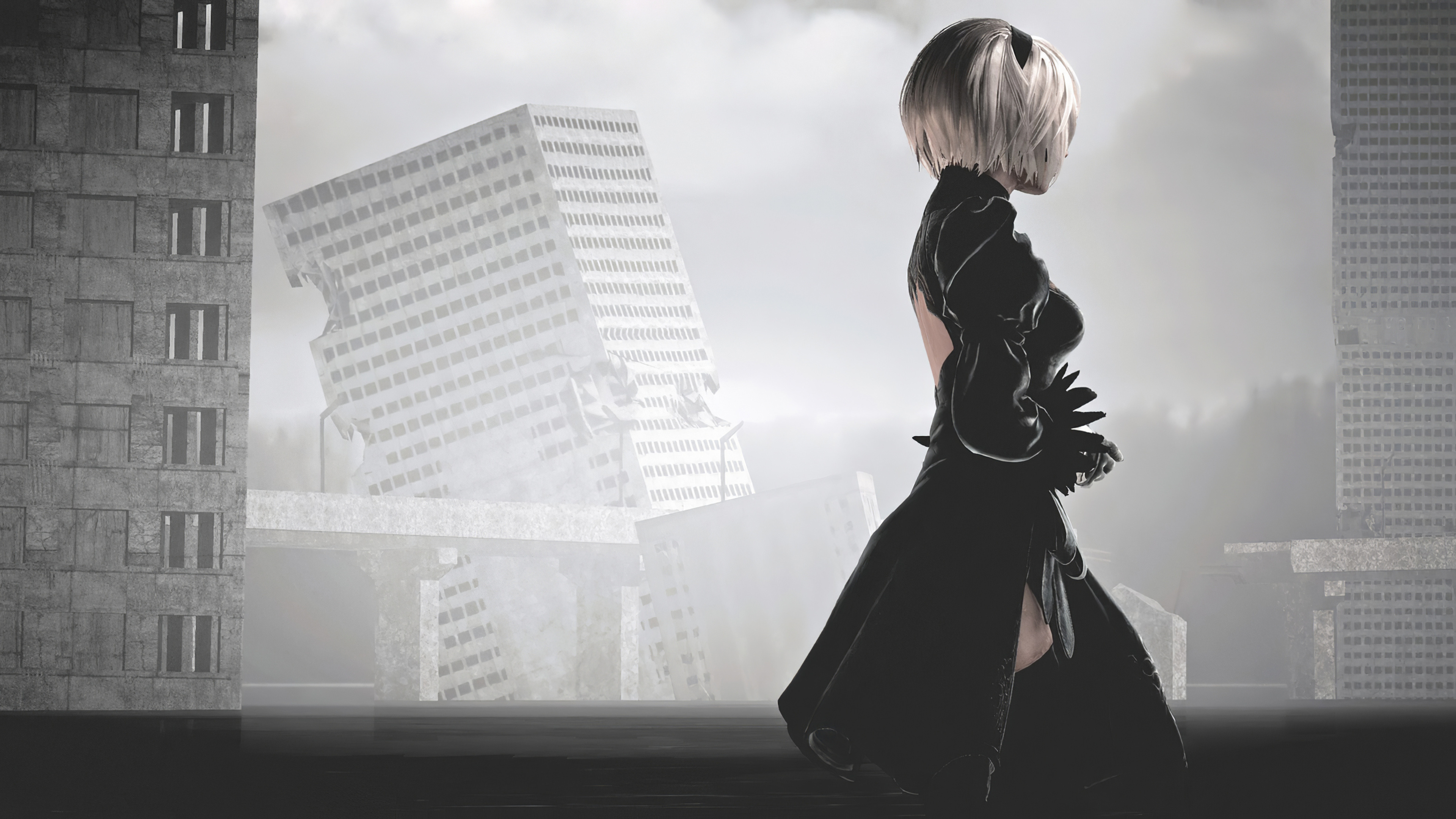 2B YoRHa No.2 Type B, NieR:Automata, Post-apocalyptic ruined cityscape, 4K Desktop wallpaper