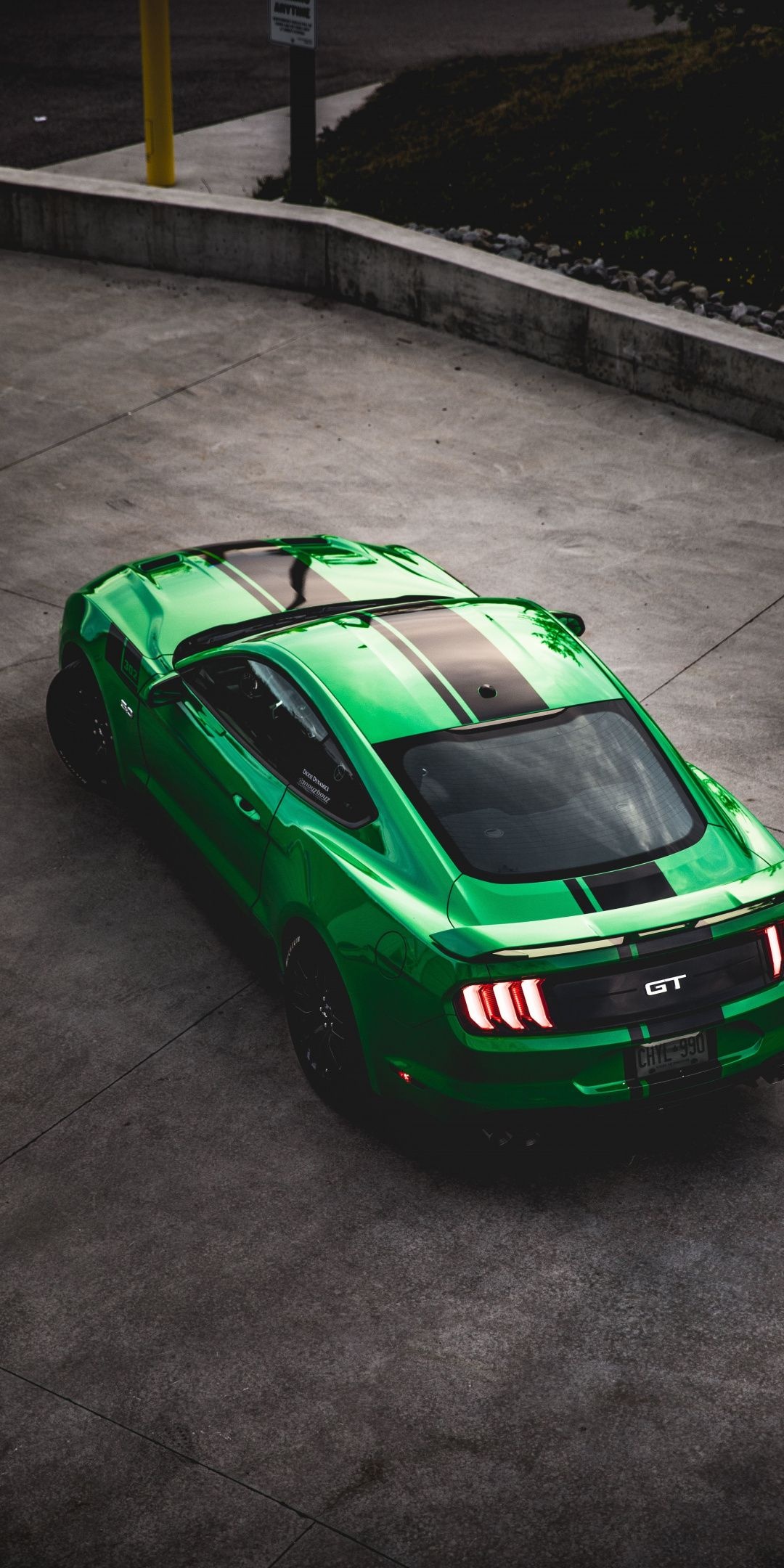 Ford Mustang GT, Black racing stripes, Concrete parking lot, HD Phone wallpaper