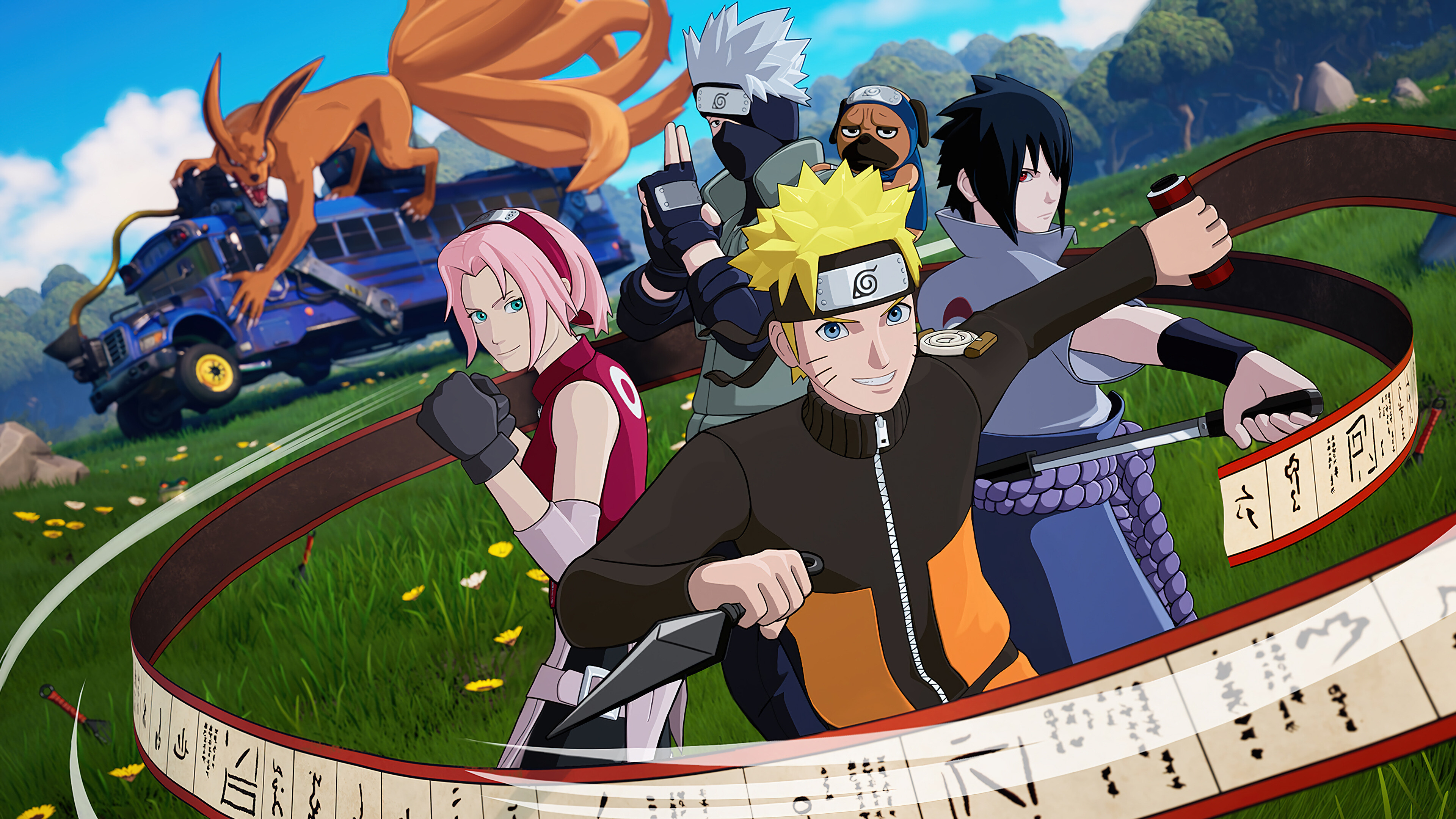 Fortnite Naruto, Sasuke Sakura, Kakashi Kurama, Epic crossover, 3840x2160 4K Desktop