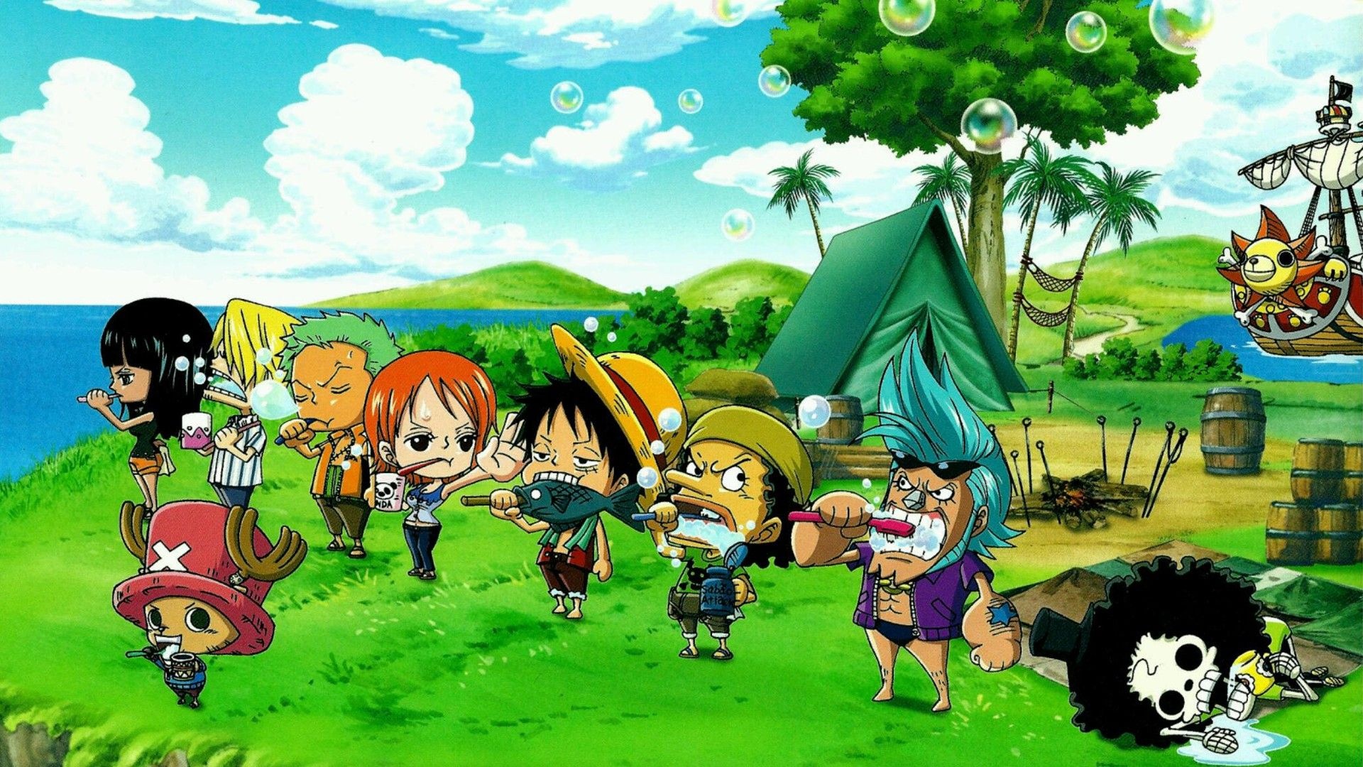 chibi Straw Hat Pirates, Monkey D. Luffy, Thousand Sunny, Tony Tony Chopper, Roronoa Zoro, Full HD Desktop wallpaper