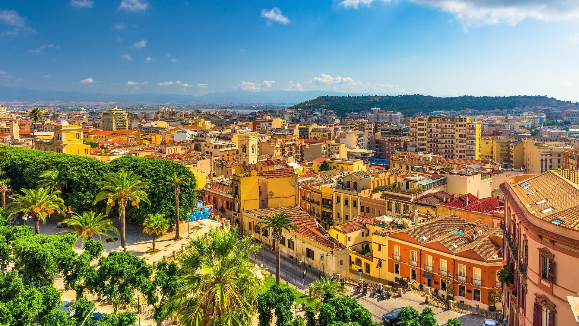 Cagliari Sardinia, Panoramic view, Palm trees, Italian panorama, 1920x1080 Full HD Desktop