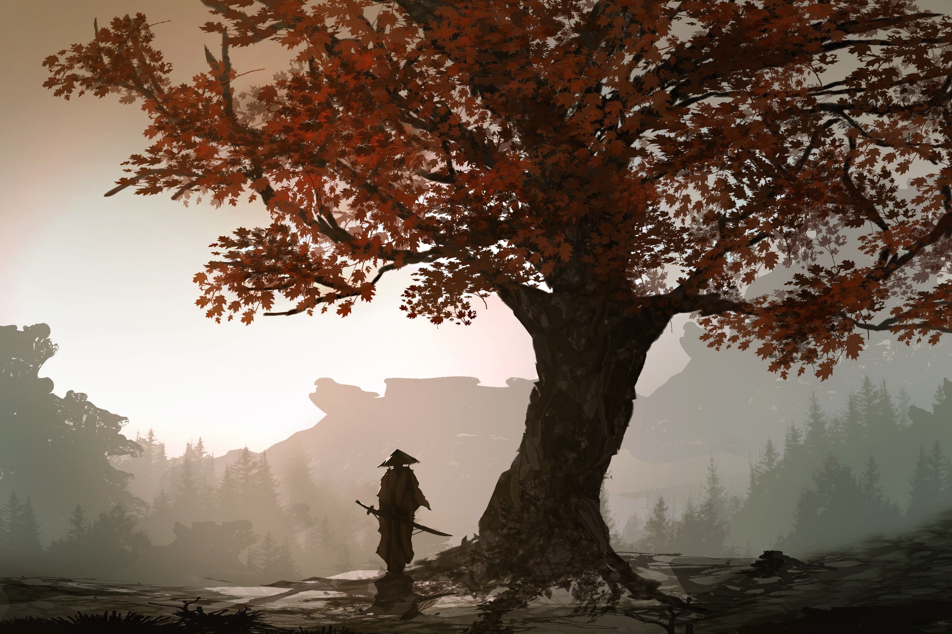 samurai in straw hat, red autumn maple tree, misty mountain forest, HD Desktop wallpaper