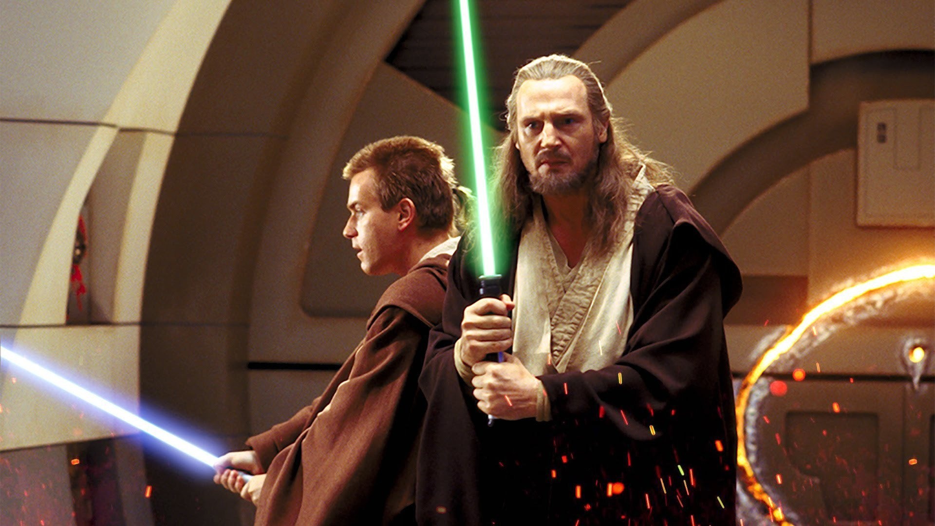 Liam Neeson, Qui Gon Jinn, Lightsaber duel, 1920x1080 Full HD Desktop