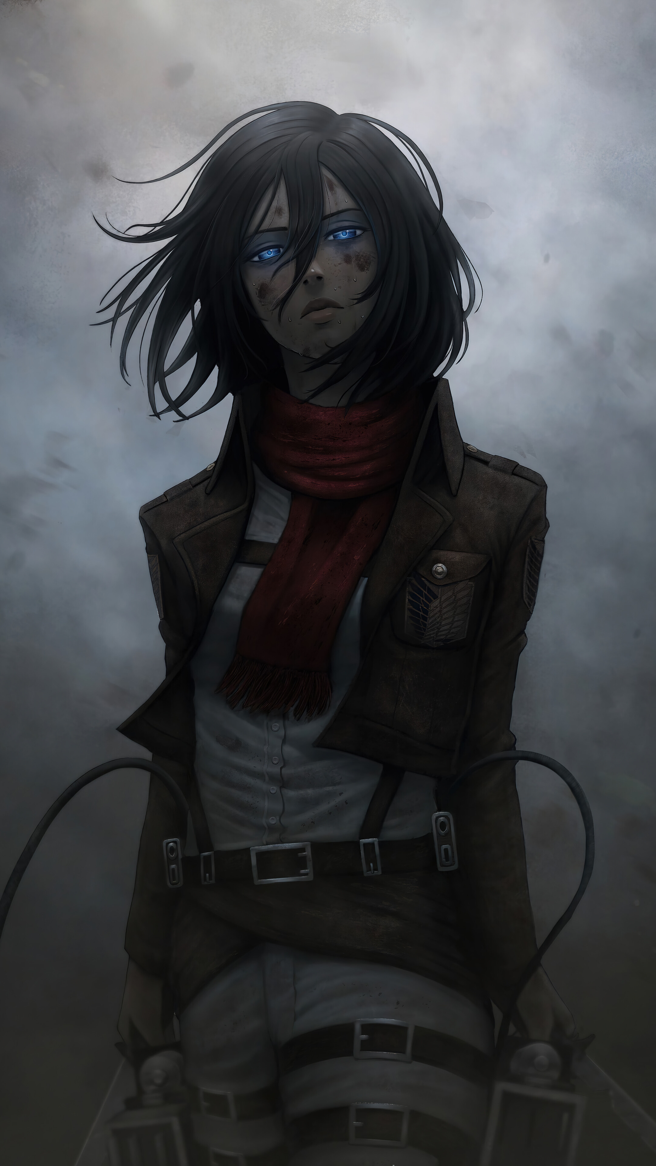 Mikasa Ackerman, Survey Corps uniform, red scarf, 4K Phone wallpaper