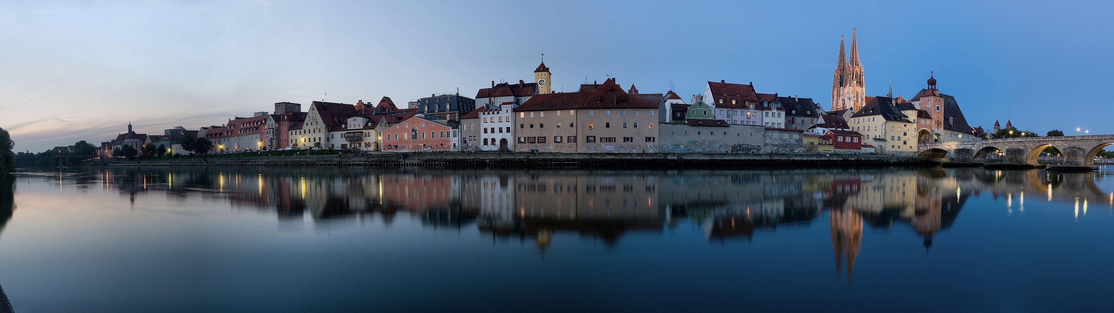 Danube River, European charm, Regensburg's allure, Captivating wallpapers, 3840x1080 Dual Screen Desktop
