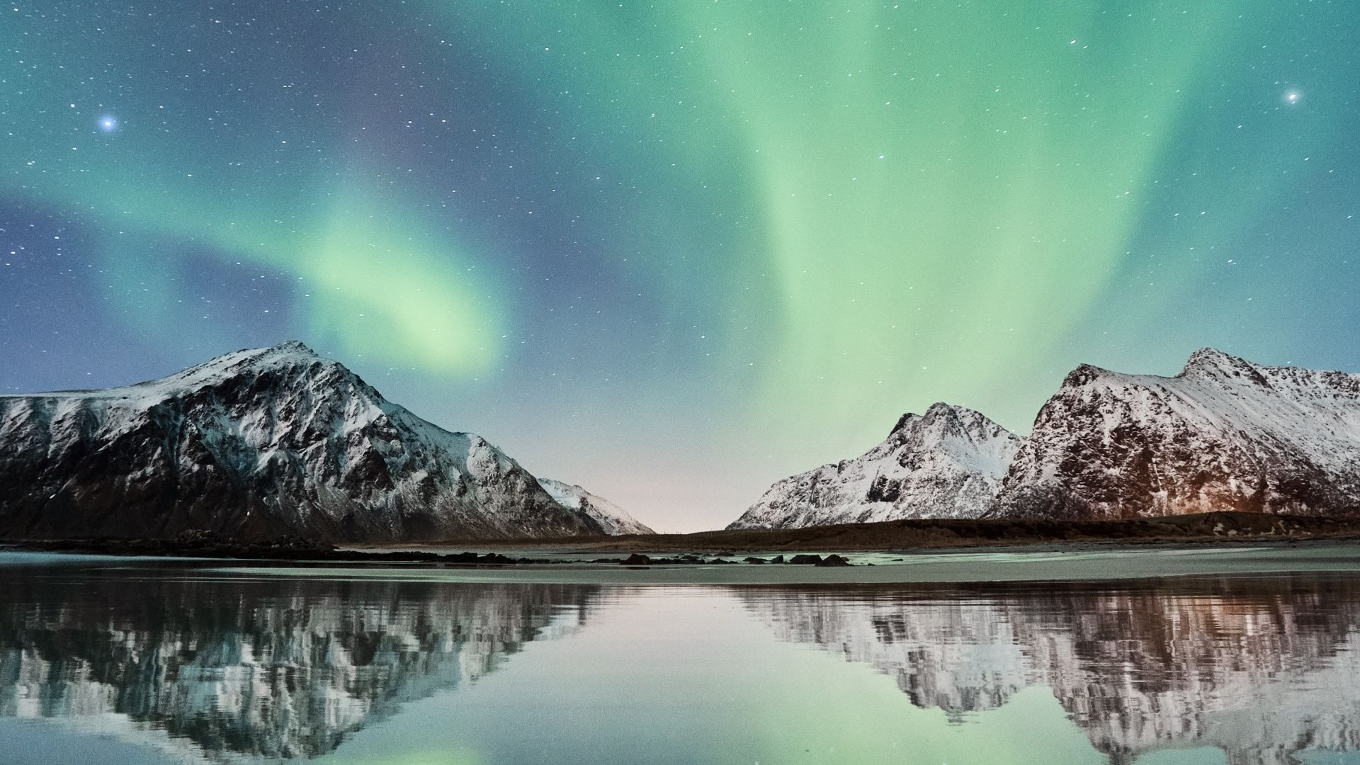Green aurora borealis, Snow-capped coastal mountains, Mirror beach water reflection, Full HD Desktop wallpaper