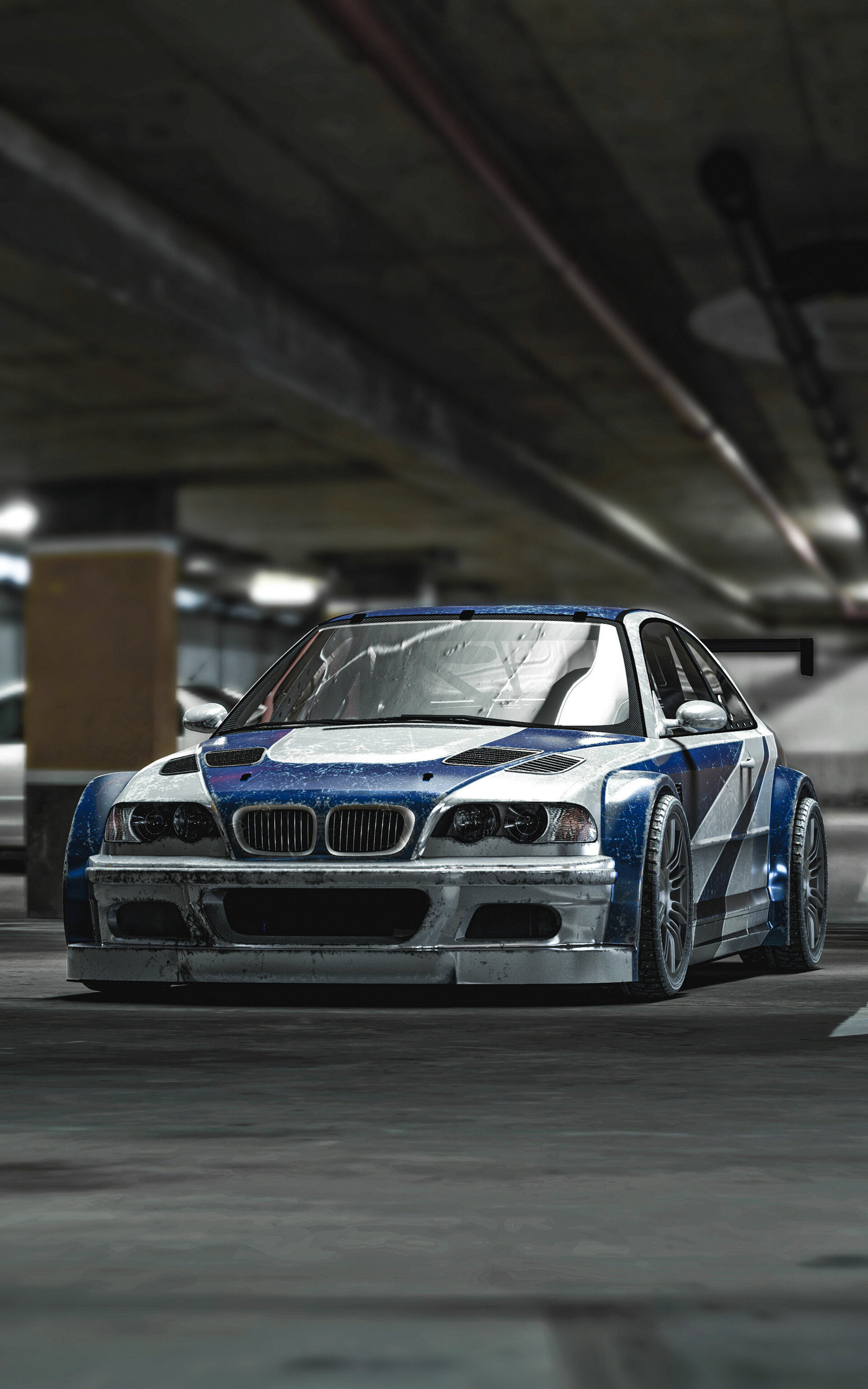 BMW M3 GTR E46, underground parking garage, silver and blue livery, HD Phone wallpaper