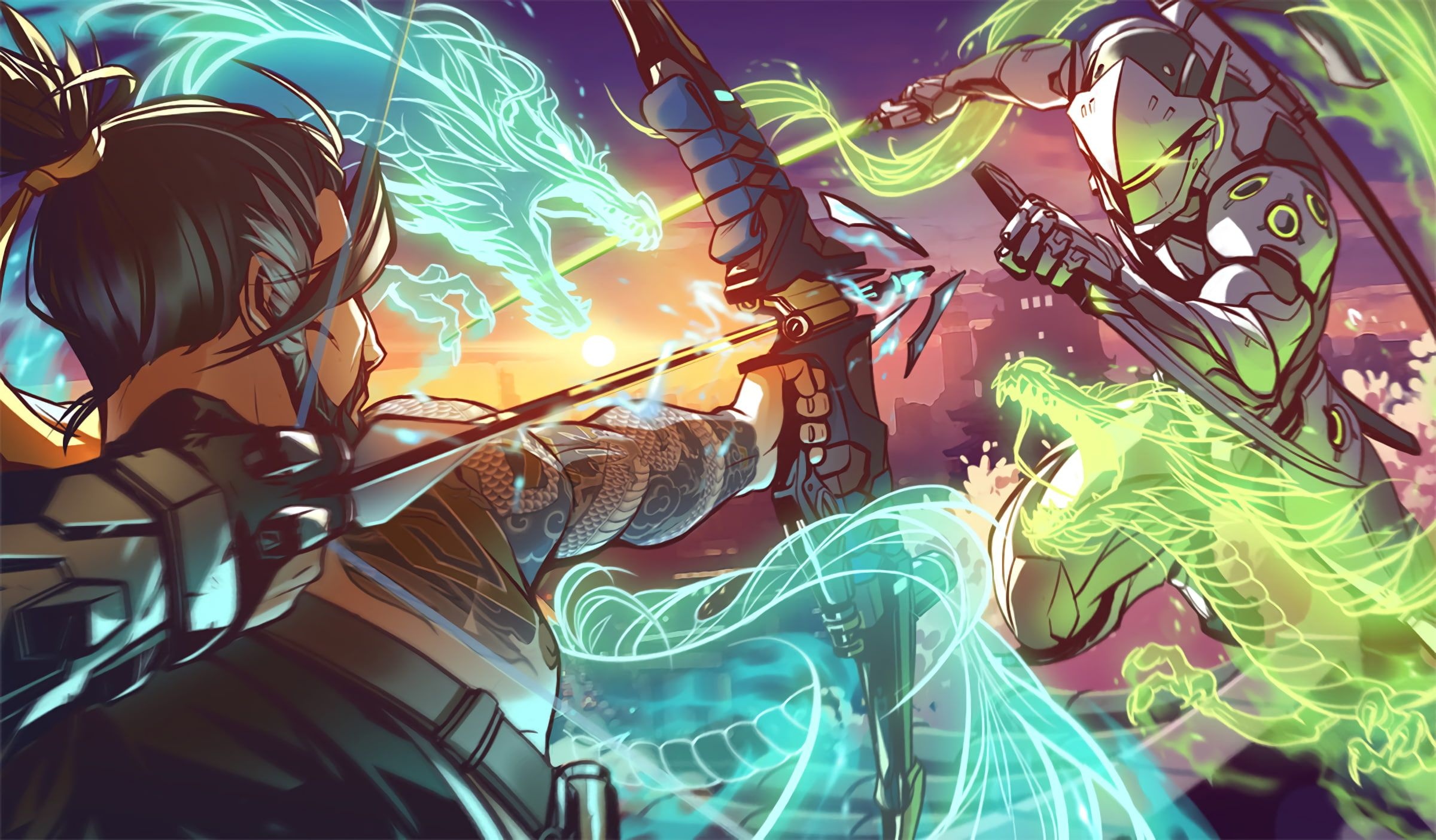 Digital art, Overwatch Hanzo, Genji tattoos, 2400x1410 HD Desktop