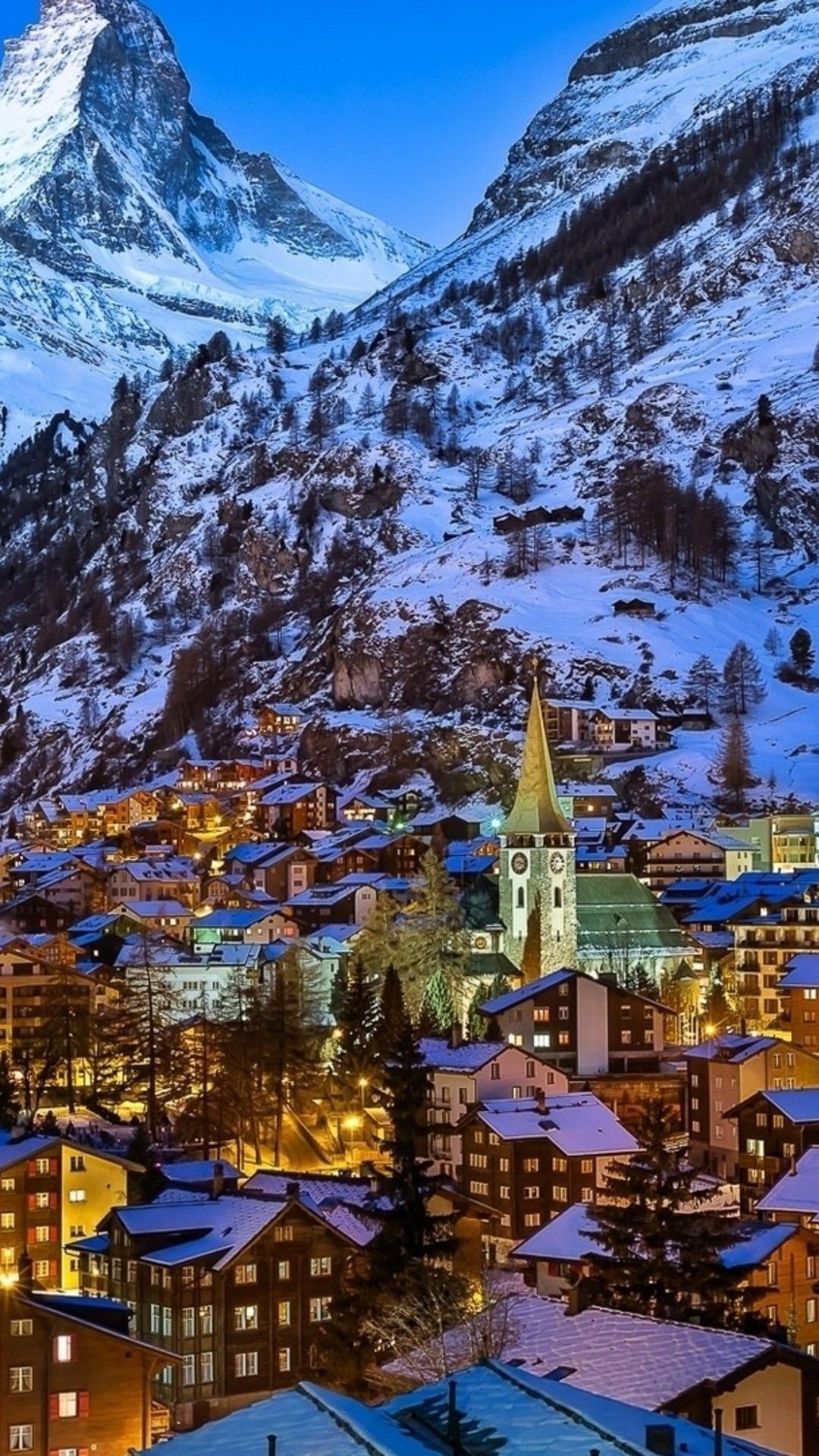 Matterhorn mountain peak, Zermatt alpine village, St. Mauritius Parish Church, Full HD Phone wallpaper