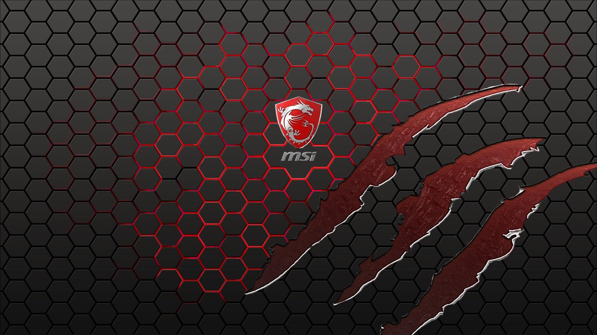 MSI Gaming dragon logo, red claw slash marks, black hexagonal honeycomb mesh, Full HD Desktop wallpaper
