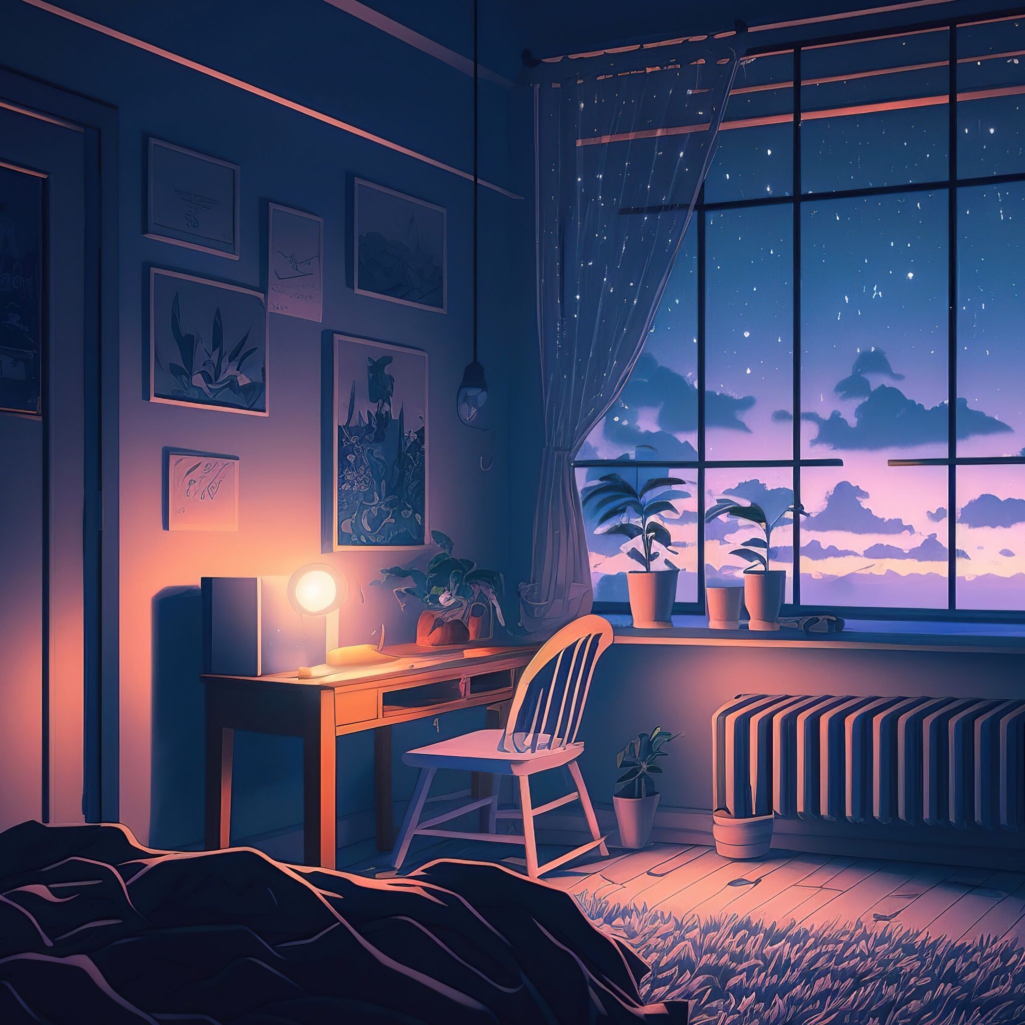 Lofi Wallpaper 4K, Bedroom, Night 2050x2050