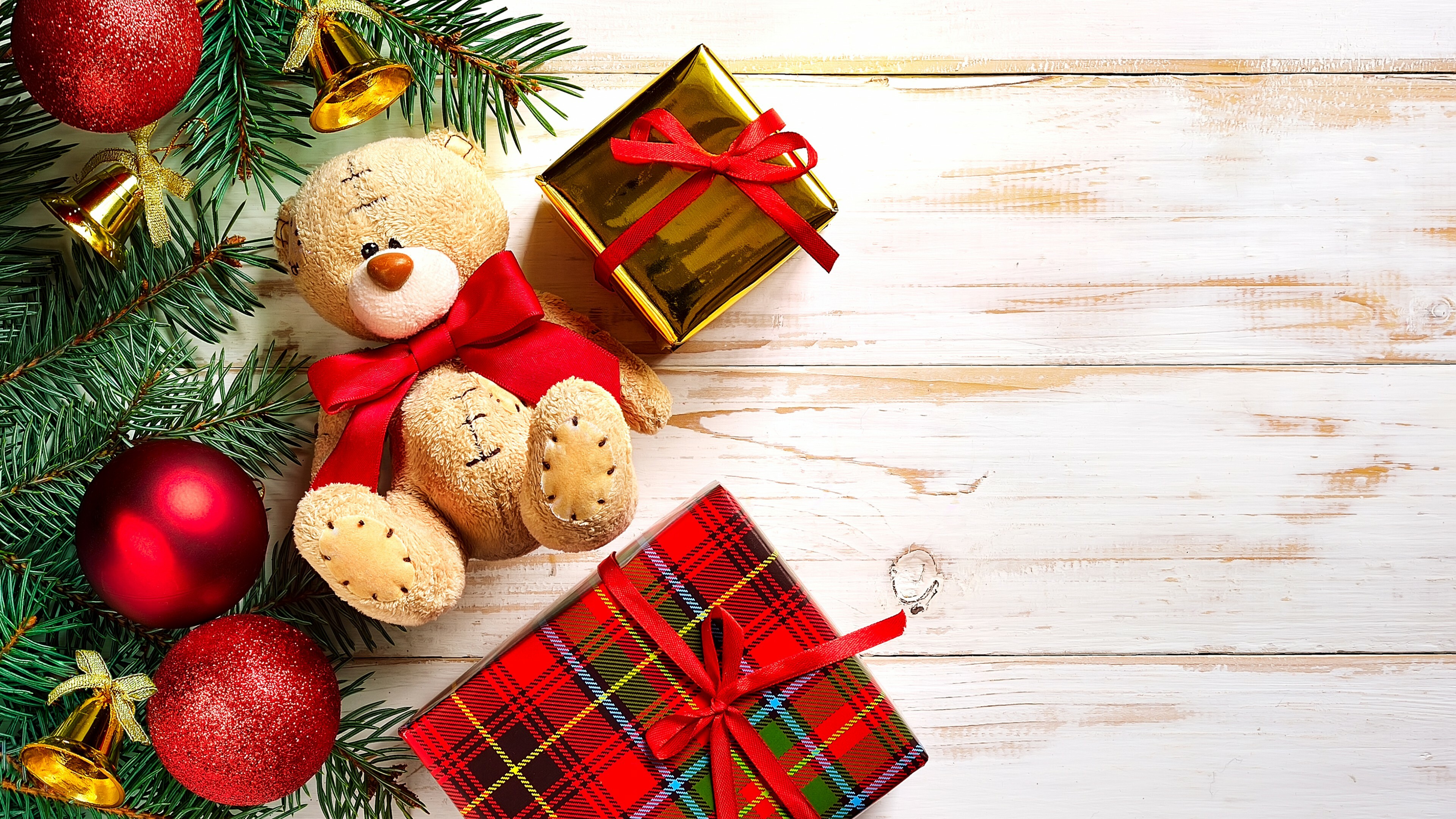 Gifts and decorations, Festive wallpaper, Toy bear, Holiday celebrations, 3840x2160 4K Desktop