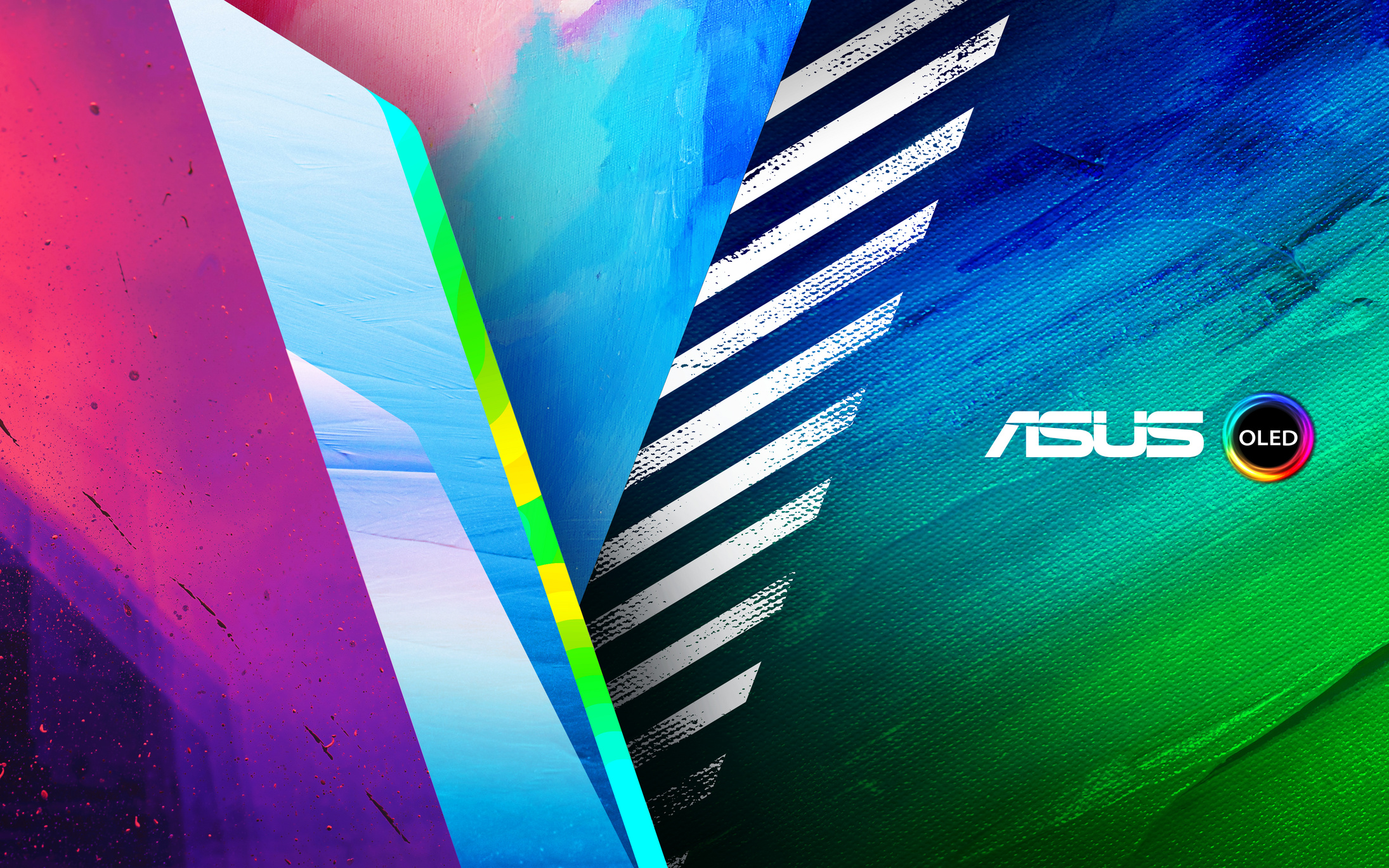 ASUS OLED logo, stylized Vivobook chevron, colorful painted canvas texture, HD Desktop wallpaper