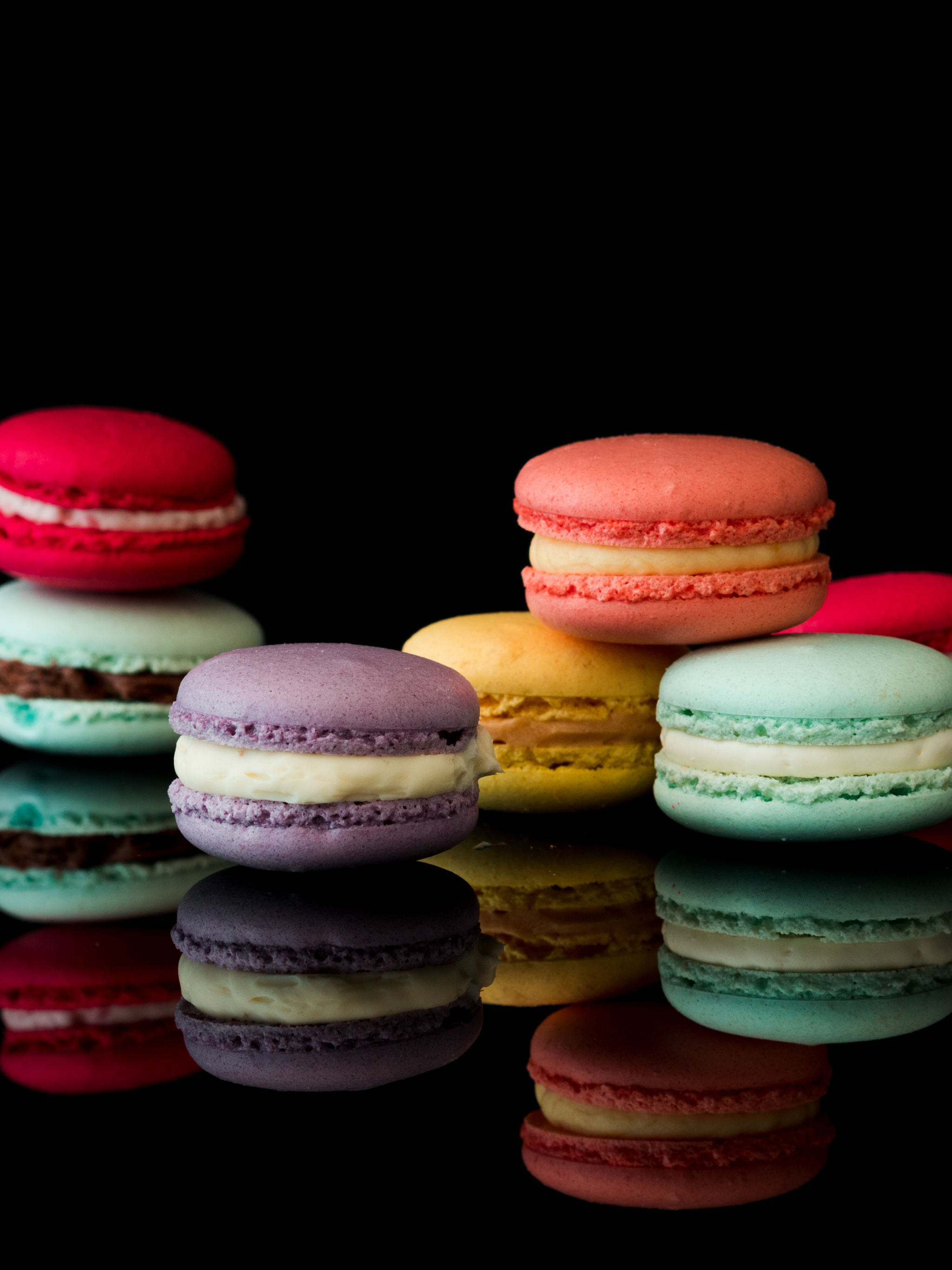 Free download yummy macarons, Black glossy background isolated, Delicious treats, Colorful macarons, 2050x2740 HD Phone