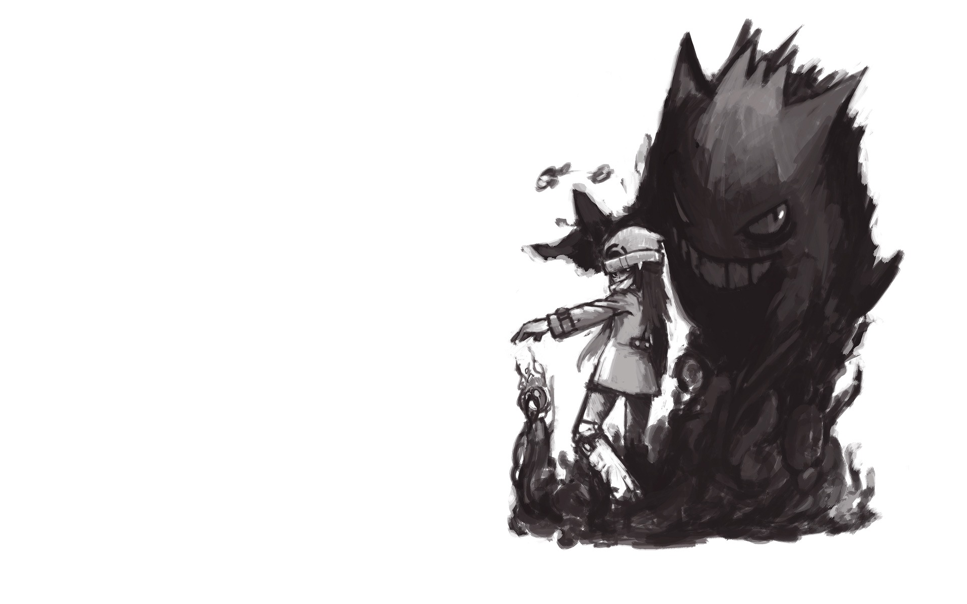 Gengar, Dawn, Litwick, Sinnoh, Pokemon Platinum, Monochrome ink sketch, HD Desktop wallpaper