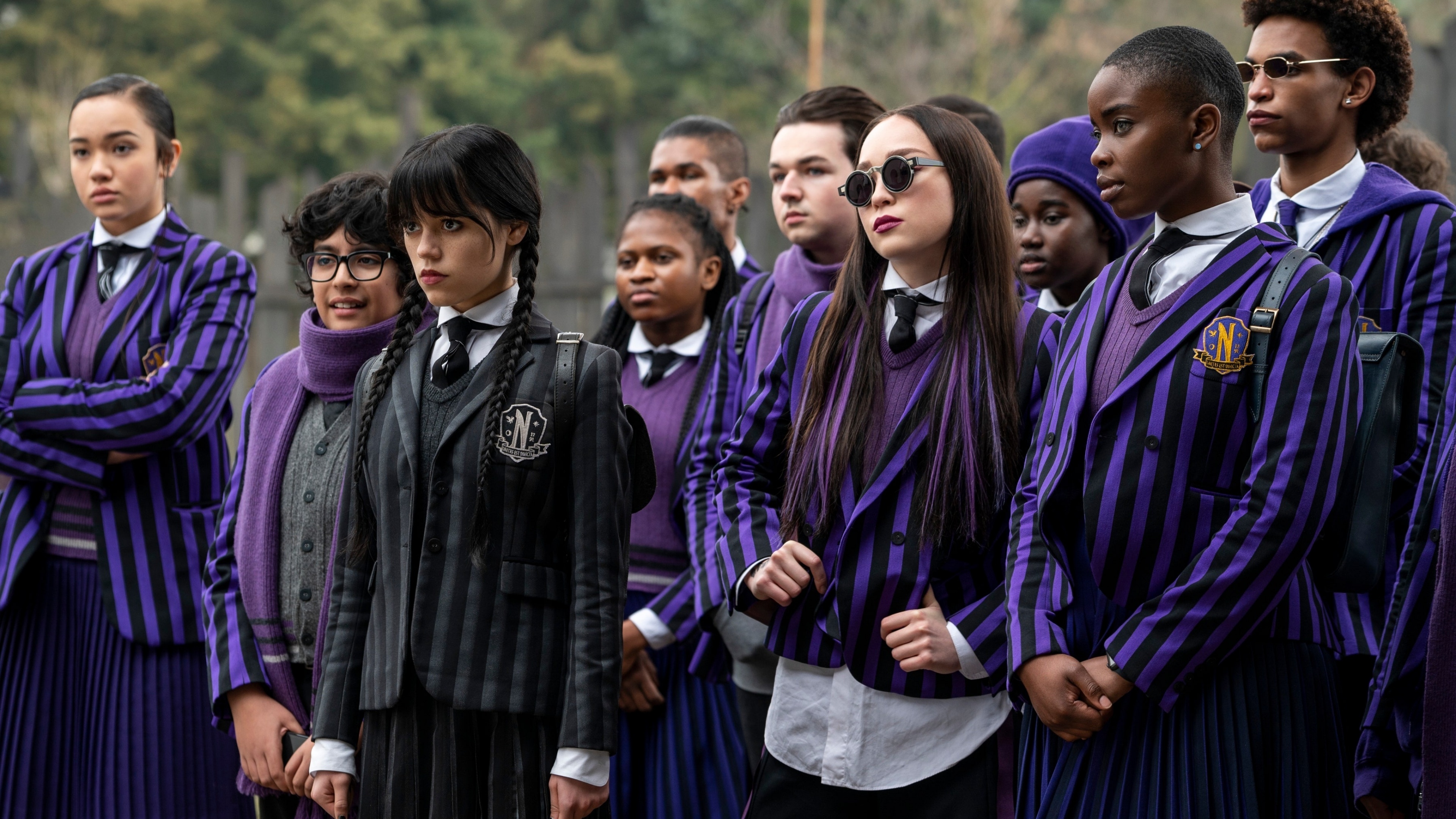 Wednesday Addams, Bianca Barclay, Yoko Tanaka, Nevermore Academy uniform, 4K Desktop wallpaper
