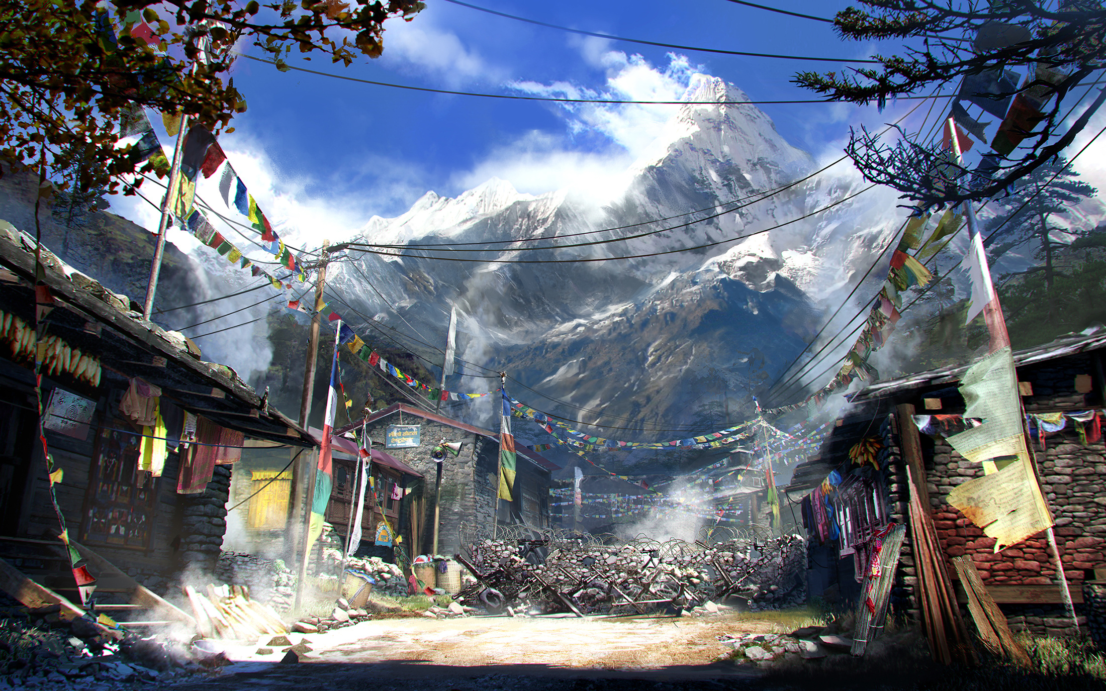 Kyrat mountain village, Tibetan prayer flags, Snow-capped Himalayan peak, HD Desktop wallpaper