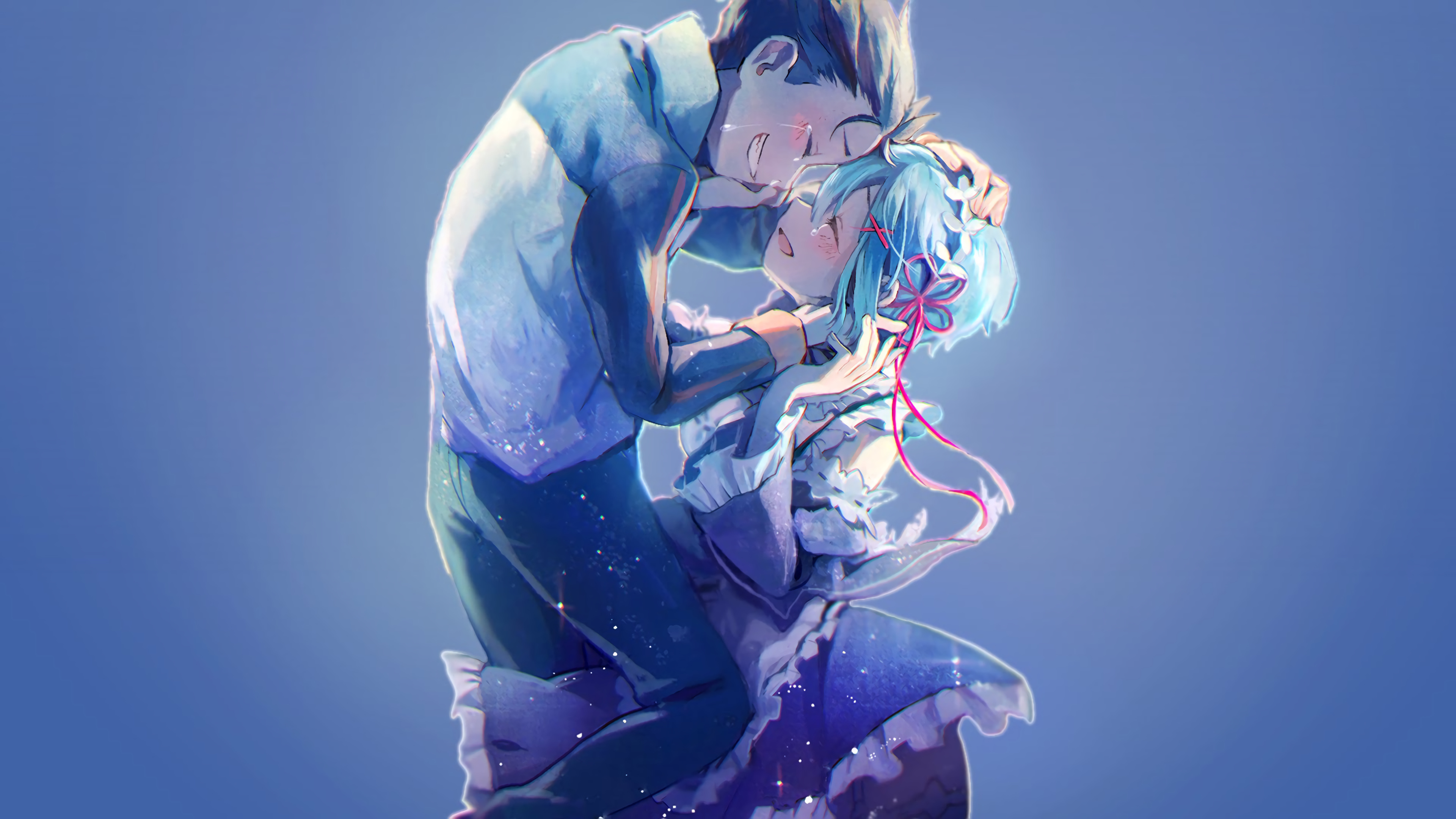Rem, Subaru Natsuki, Emotional anime embrace, 4K Desktop wallpaper