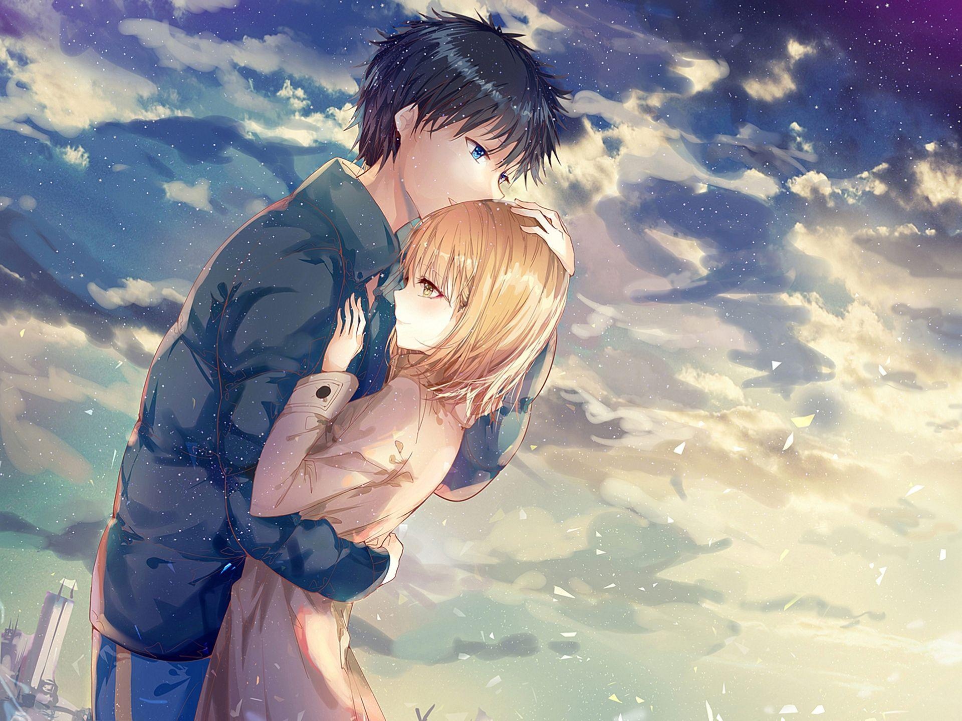 embracing anime couple, short blonde anime girl, sunlit starry cloud sky, HD Desktop wallpaper