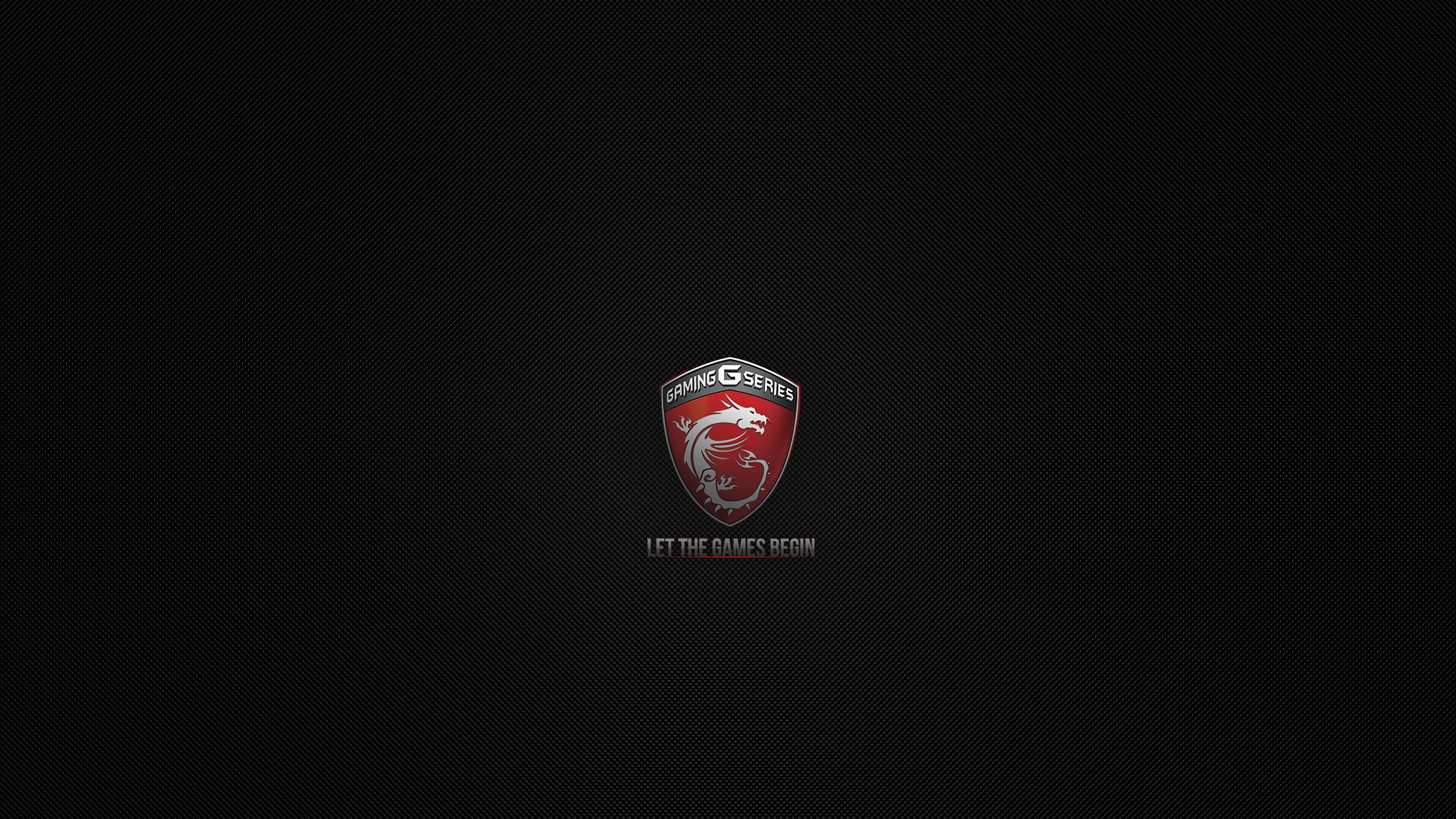 MSI dragon shield logo, LET THE GAMES BEGIN, black carbon fiber texture, 4K Desktop wallpaper