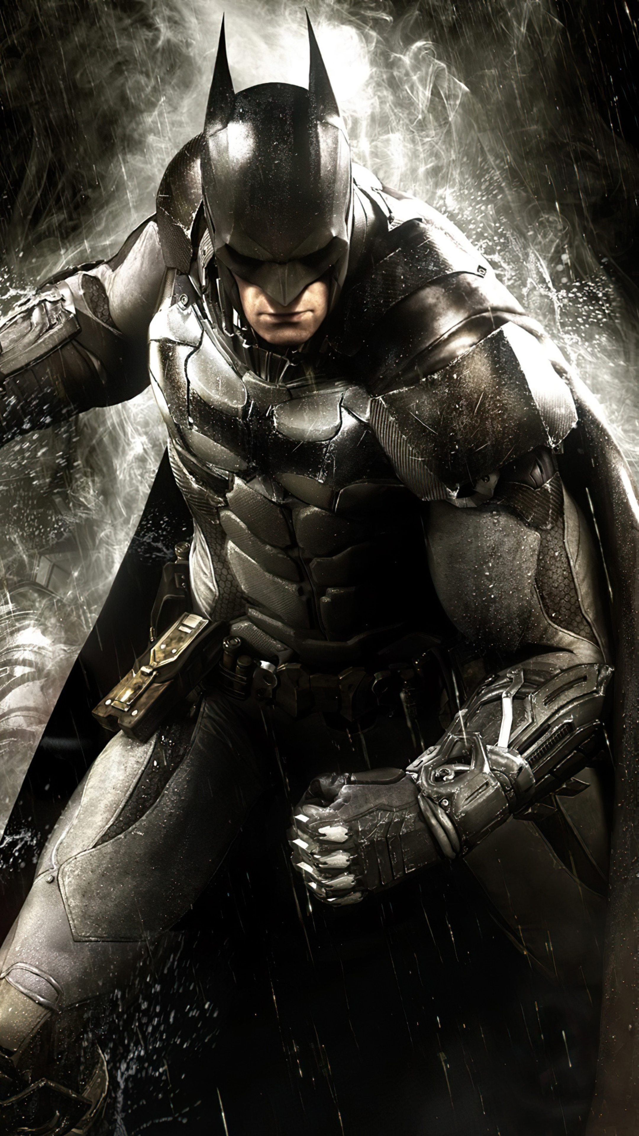 Batman: Arkham Knight, Armored Batsuit V8.03, Rain and smoke atmosphere, 4K Phone wallpaper