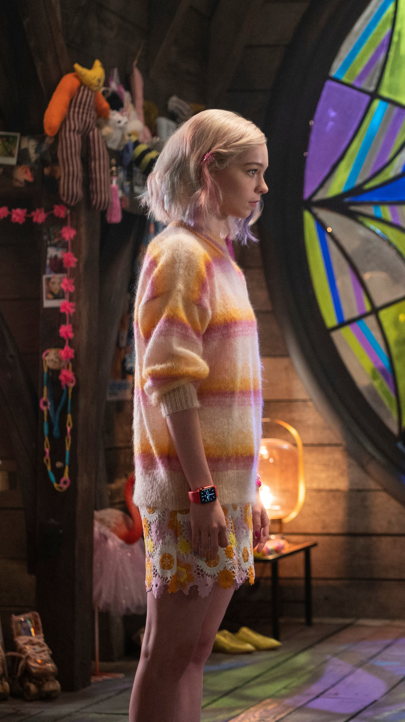 Emma Myers as Enid Sinclair, Rainbow striped mohair sweater, Spiderweb stained glass window, HD Phone wallpaper